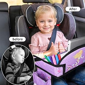 WENRENER Kids Travel Tray for Airplane - Toddler Car Seat Table Tray, Road Trip Essentials for Boys & Girls, Carseat Lap Desk for Kids Road Trip Activities (Purple Mermaid)