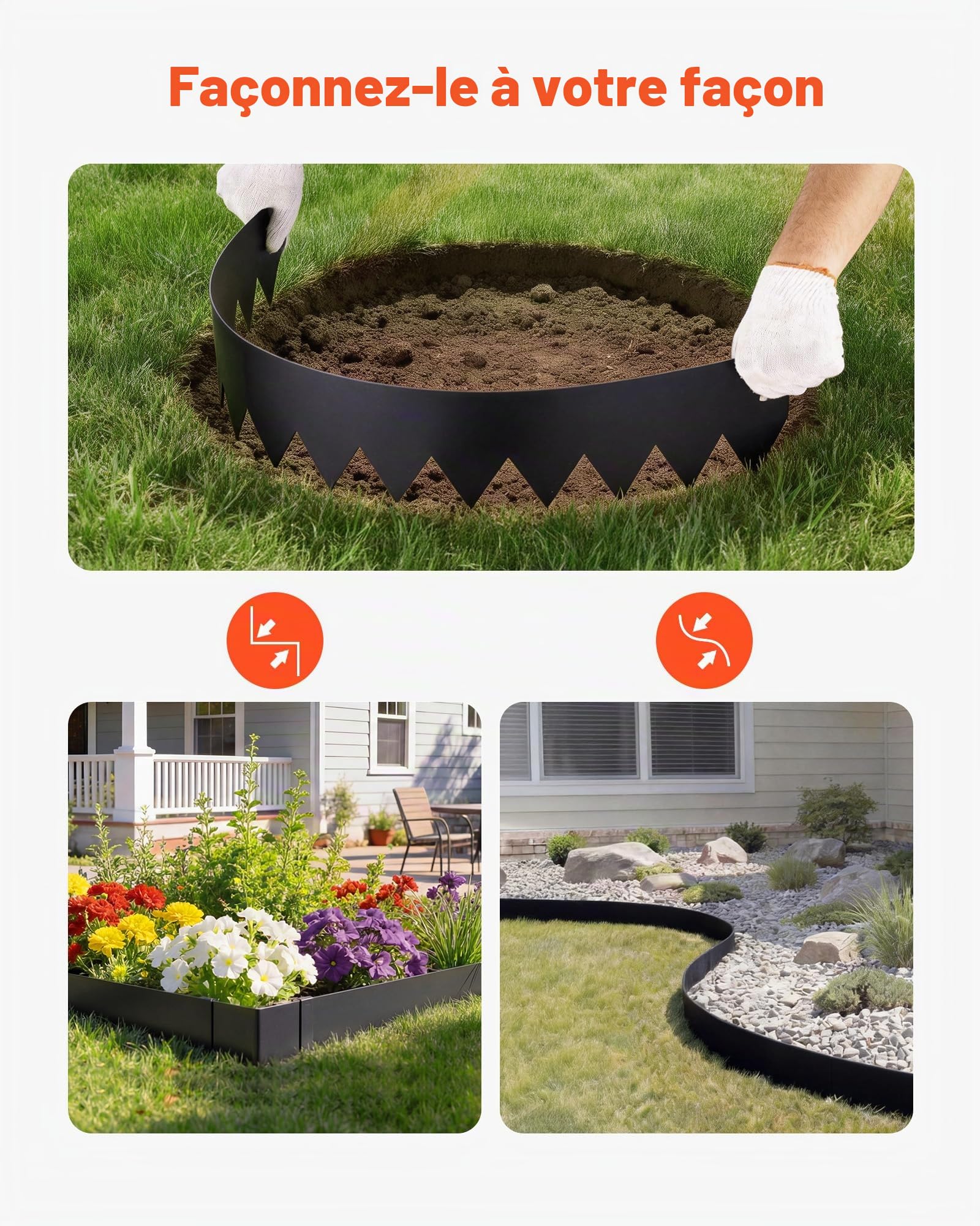 VEVOR Bordure de Jardin Métal 101,6x20,3 cm Bordure de Pelouse Acier Galvanisé Lot de 6 pour Massifs Fleurs, Allées, Délimitation Espace, Aménagement Paysager, Flexible, avec 6 Clips de Fixation, Noir