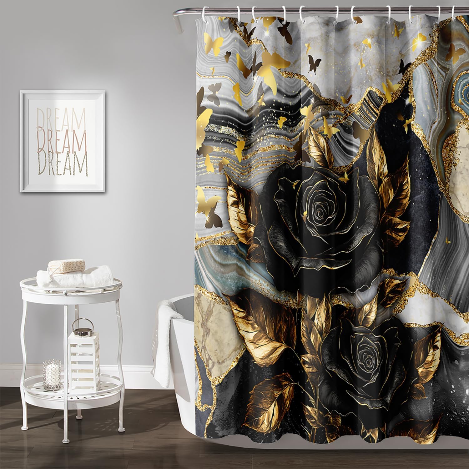 AILONEN Black Rose Shower Curtain Set,Black and Gold Bathroom Curtain Set for Girls Teens,Flower Leaf Print Waterproof Shower Curtains with Hooks for Bathroom Decor,60" Wx72 H