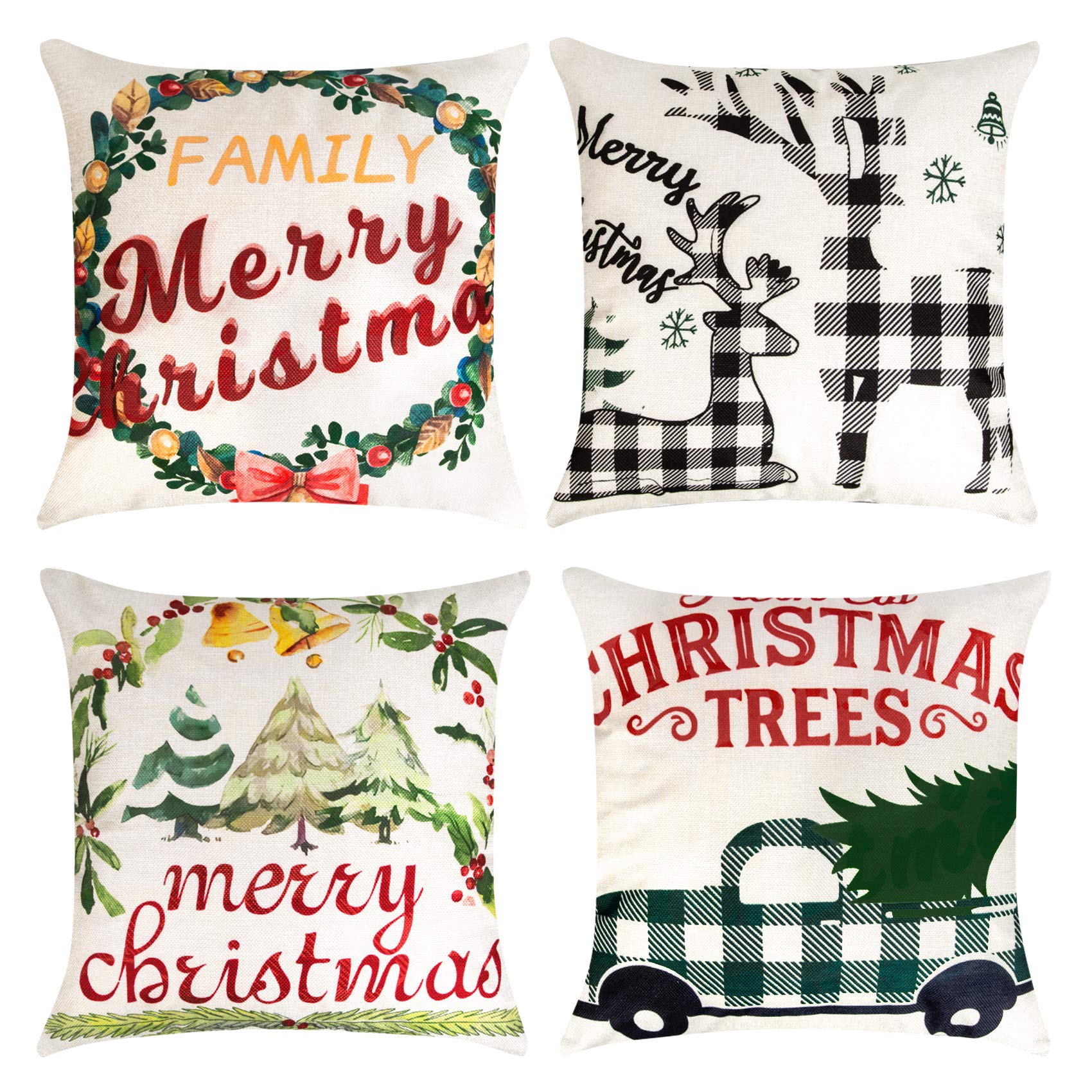 Bassion Set of 4 Christmas Throw Pillow Covers 18 x 18 Inches Buffalo Check Plaid Christmas Decor for Holiday Home Couch Sofa