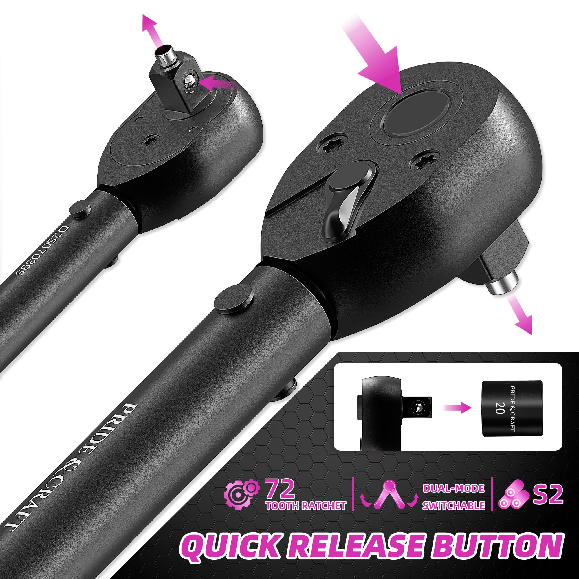 PRIDE&CRAFT Chiave dinamometrica a scatto da 3/8", 3% ad alta precisione regolabile, doppia direzione, 72 denti, 5-50 lbf.ft/6,8-68 Nm, per riparazione di biciclette, moto e auto, rosa nero