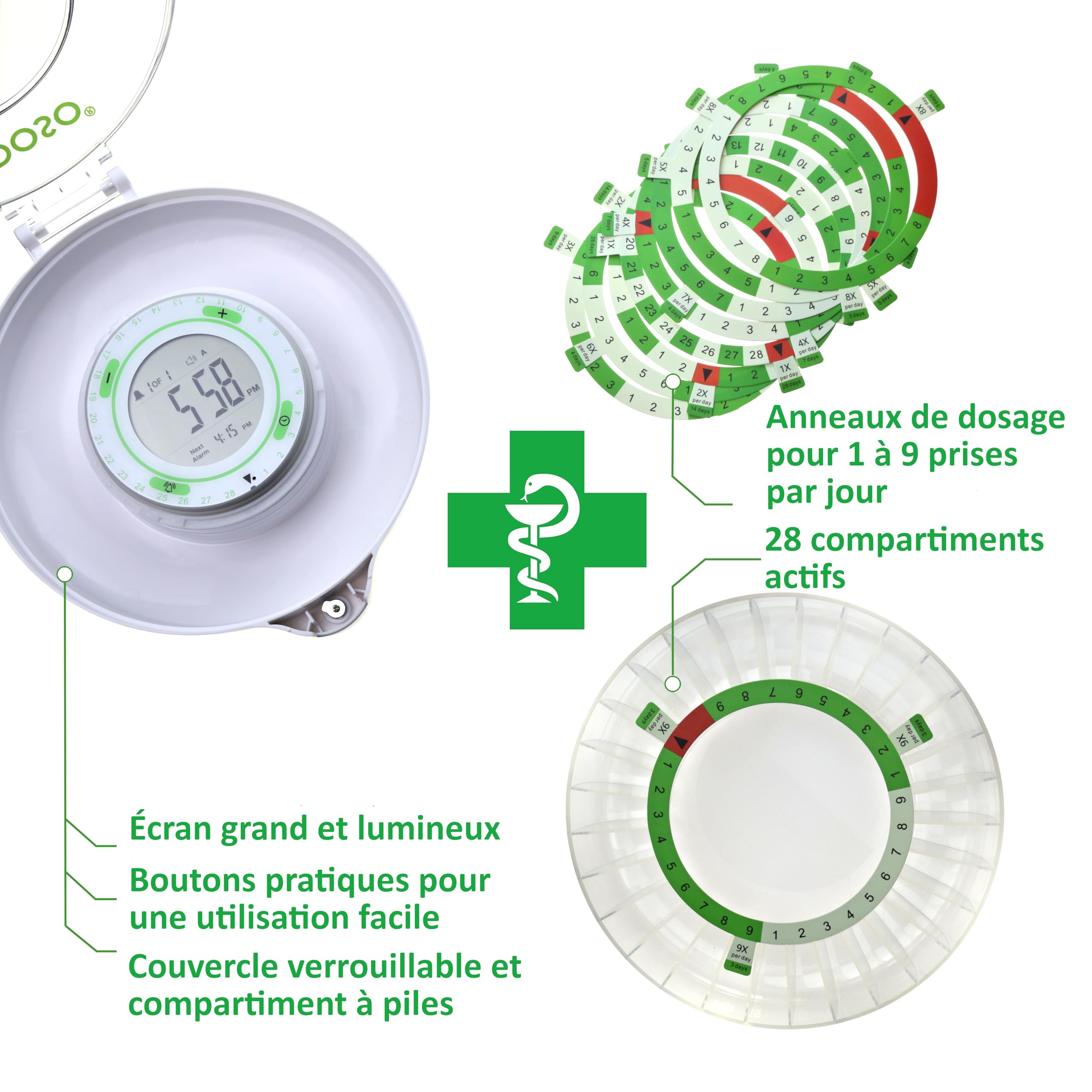 Pilulier électronique intelligent automatique avec alarme | Modèle 2021 | 9 alarmes par jour | Grand écran et boutons | Anneaux français | 2 fermetures sécurisées (Mat)