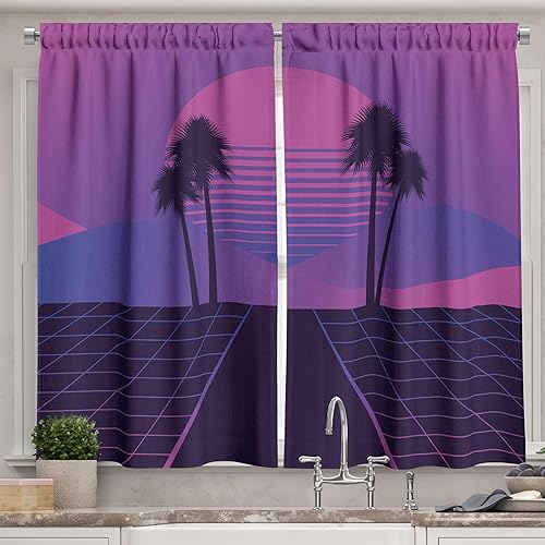 Ambesonne Synthwave Kitchen Curtains, Abstract 80's Dreamy Art Sunset Palm Trees and Checks Illustration, Window Drapes 2 Panel Set for Kitchen Cafe
