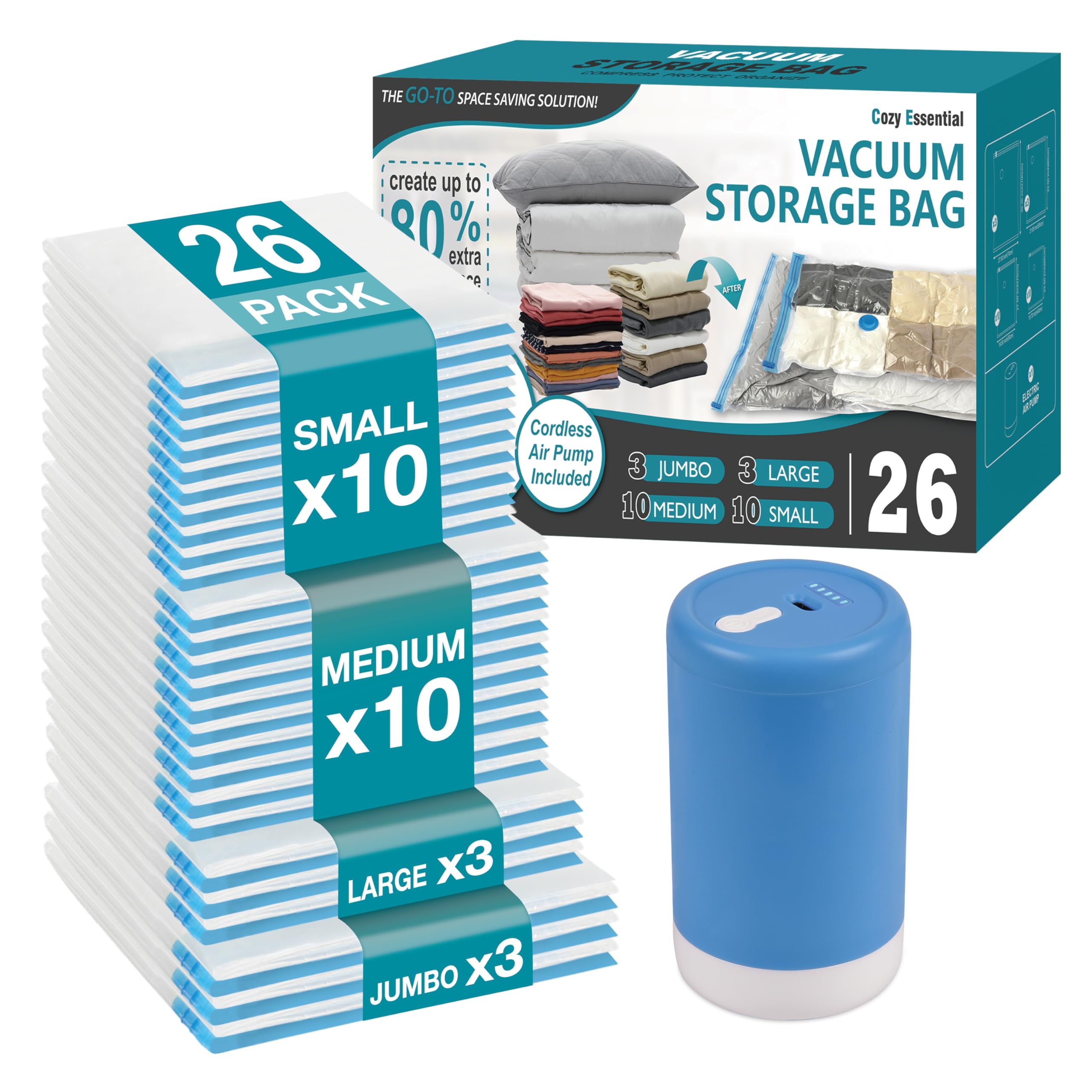 Cozy Essential Travel Vacuum Storage Bags with Rechargeable Cordless USB Pump, Space Saver Bags for Luggage, Suitcase, Carry-On, for Clothes, Blankets