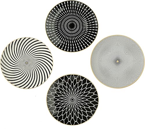 Miniatura 1 de YCBH Juego de 4 diseños surtidos platos de porcelana con patrones platos de postre de cerámica negra vajilla con borde dorado para sándwiches