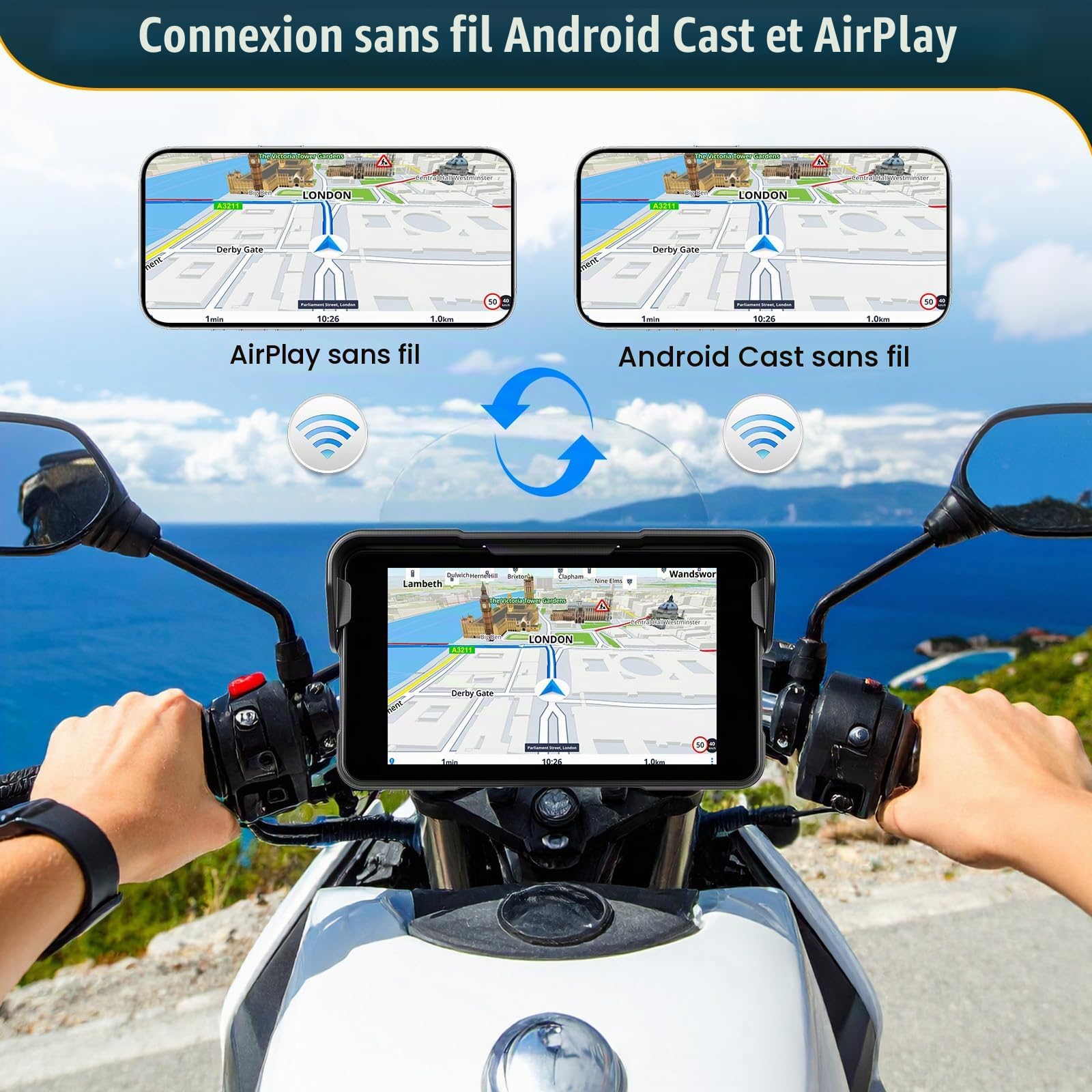 CAMECHO Moto Carplay Navi Écran avec Carplay sans Fil Android Auto IP68 Étanche Appareils de Nvigation, 5 Pouces Écran Tactile Bluetooth pour Motos avec Android Cast Airplay