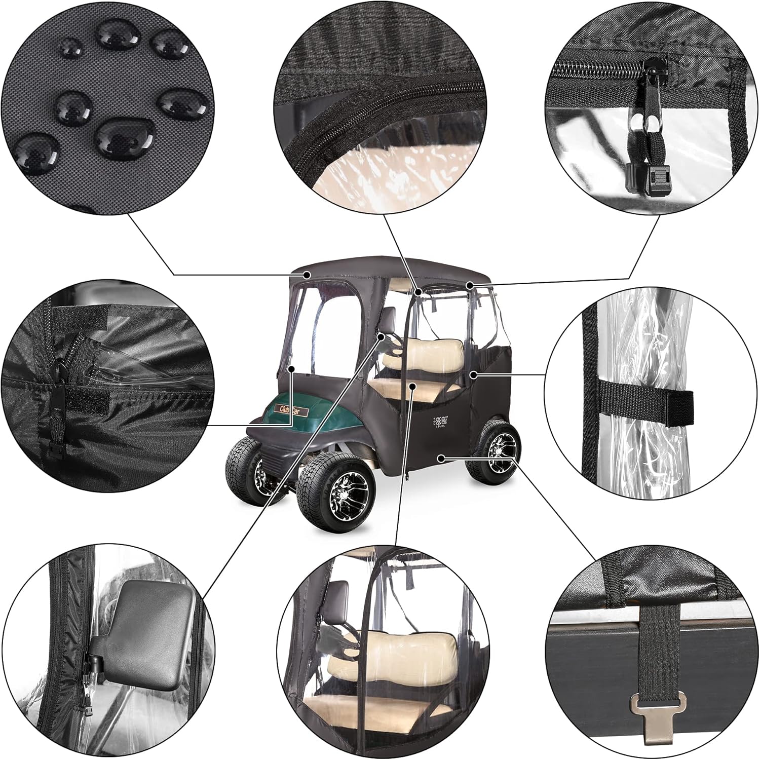 10L0L 600D Golf Cart 2 Passenger Driving Enclosure for Club Car DS & Precedent, 4-Sided Clear Window Rain Snow Golf Cart Cover All Weather Waterproof Windproof