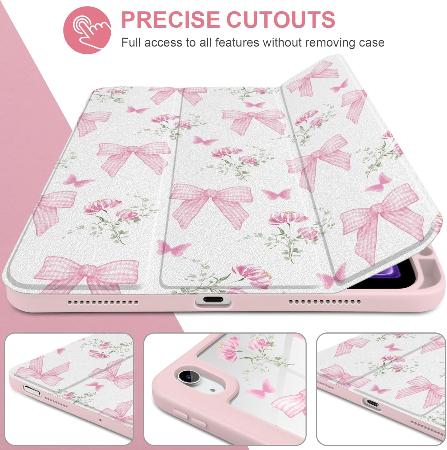 TWOLSKOO Case for iPad Air 11-inch (M4 2026 / M3 2025 / M2 2024), Clear Acrylic Back with TPU Bumper, Pencil Holder, Trifold Stand, Auto Sleep/Wake, Pink Gingham Bows