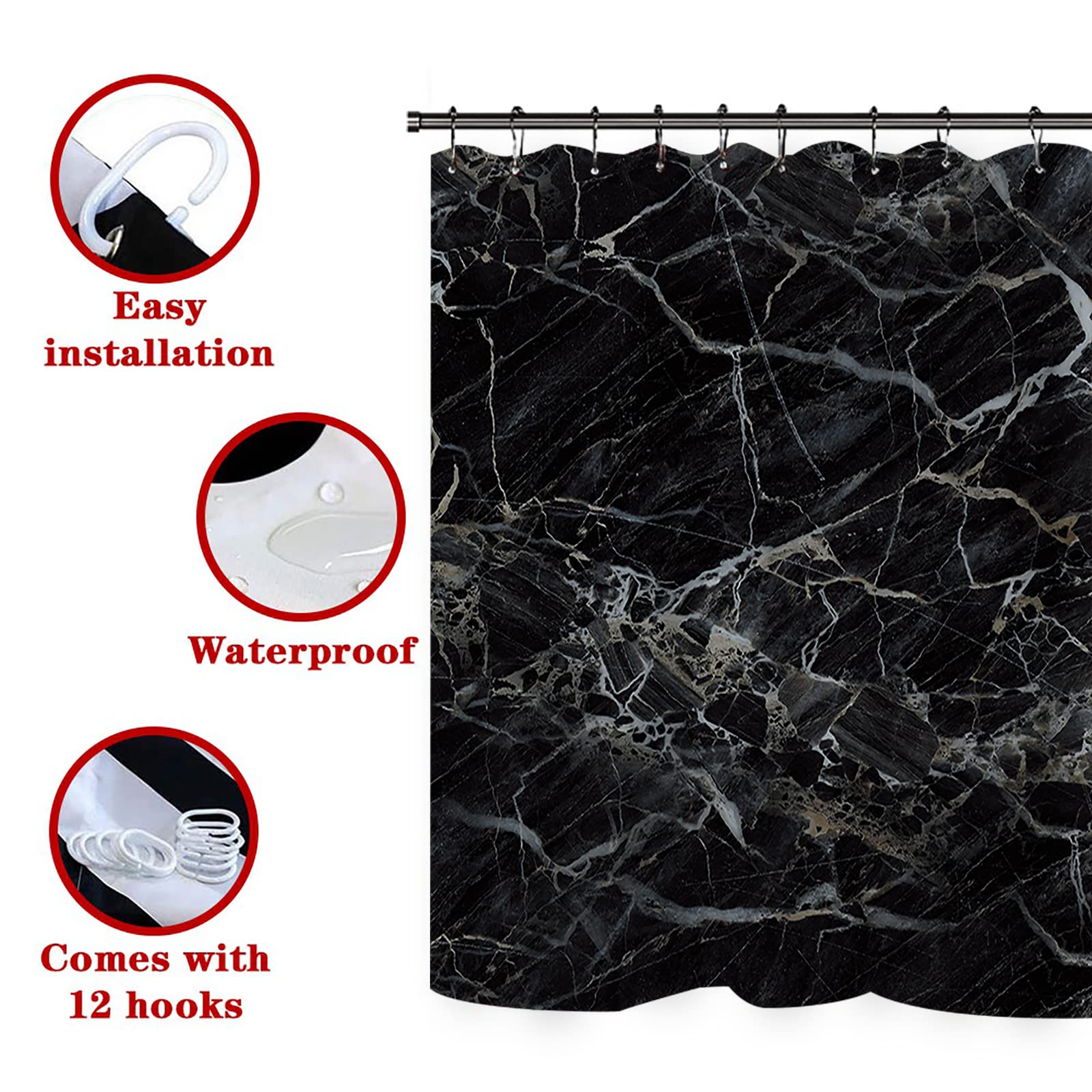 Lot de 4 rideaux de douche en marbre noir avec tapis de bain, motifs marbrés, tapis antidérapants, coussinets absorbants et rideaux de douche imperméables + crochets (noir)