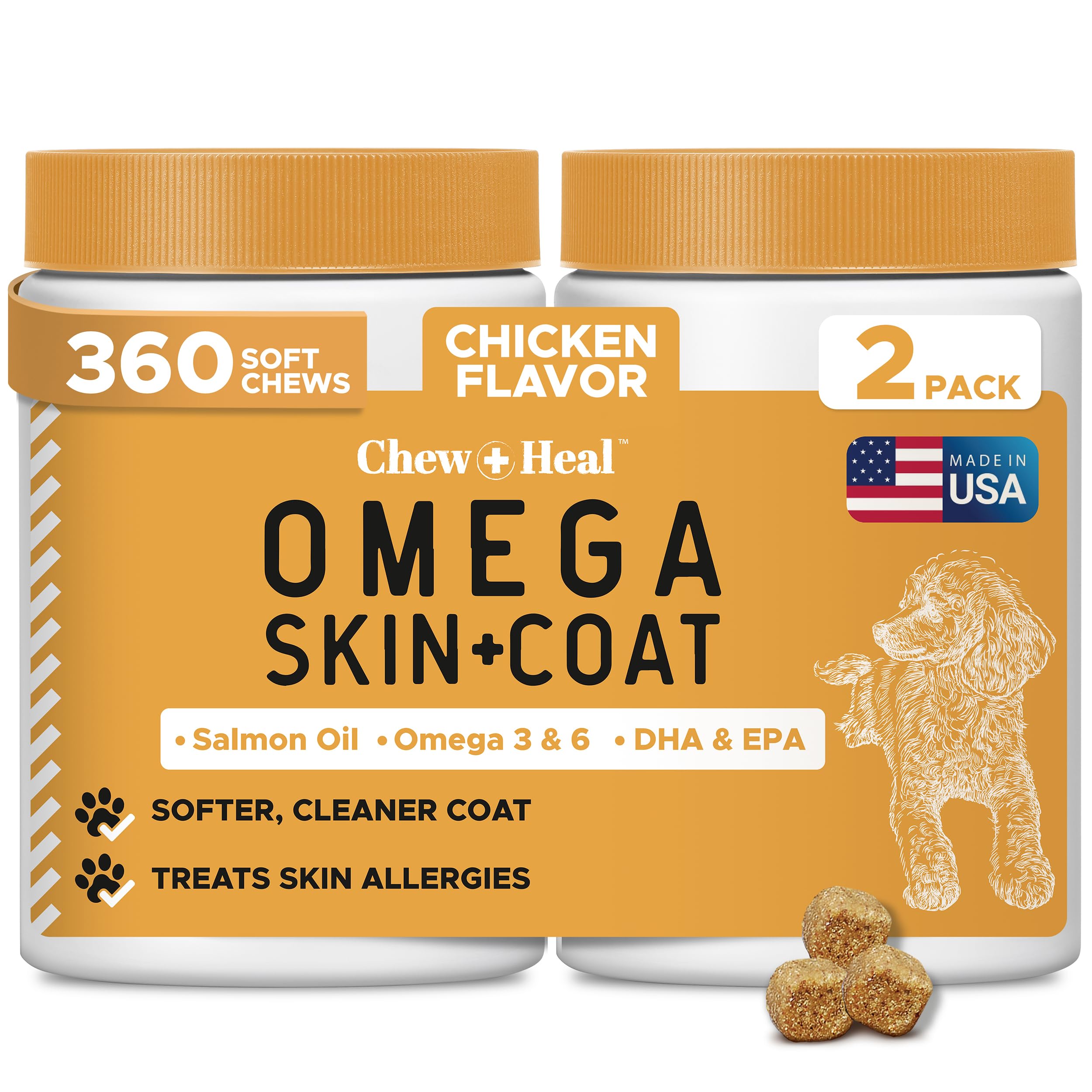 Omega 3 Fish Oil for Dogs -360 Soft Chew Omega Treats for Skin and Coat -Salmon Oil Blend of Essential Fatty Acids, Vitamins, Antioxidants, Minerals -Made in USA (2 Packs of 180, Chicken Flavor)