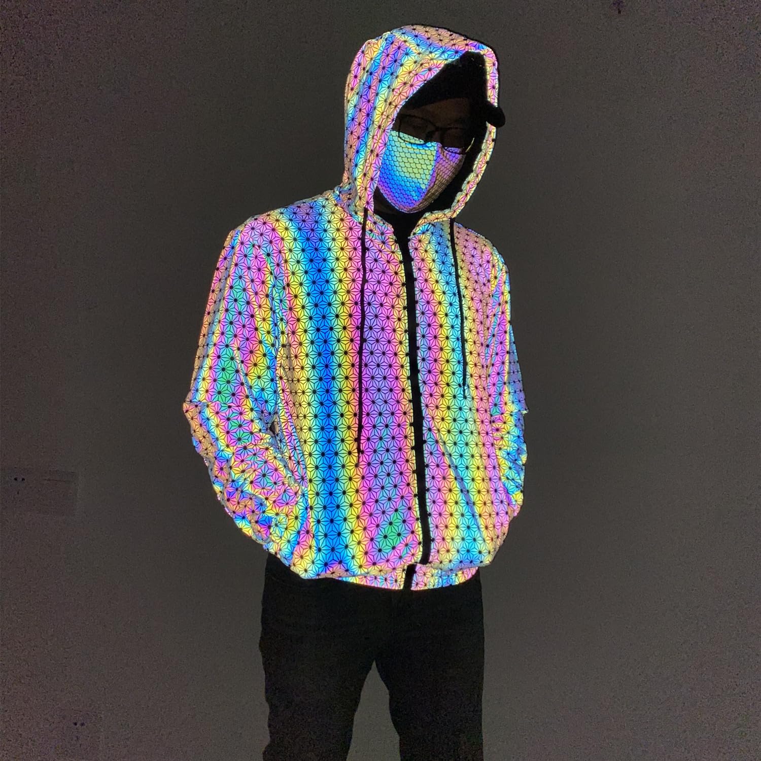 Męska kurtka odblaskowa z kapturem, hip hop, na imprezę, do tańca, na zewnątrz, wiatroszczelna, oddychająca, do biegania, jazdy na rowerze, nocą, świecący płaszcz M