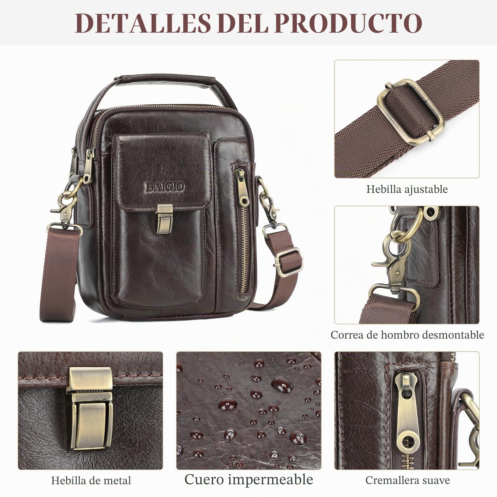BAIGIO Bolso Hombre Bandolera de Piel Bolso Mano Hombre Vintage Bolso Hombre Pequeño Bolso de Hombro Bolso de Cartera para Negocios, Trabajo, Viaje, Vida Cotidiana