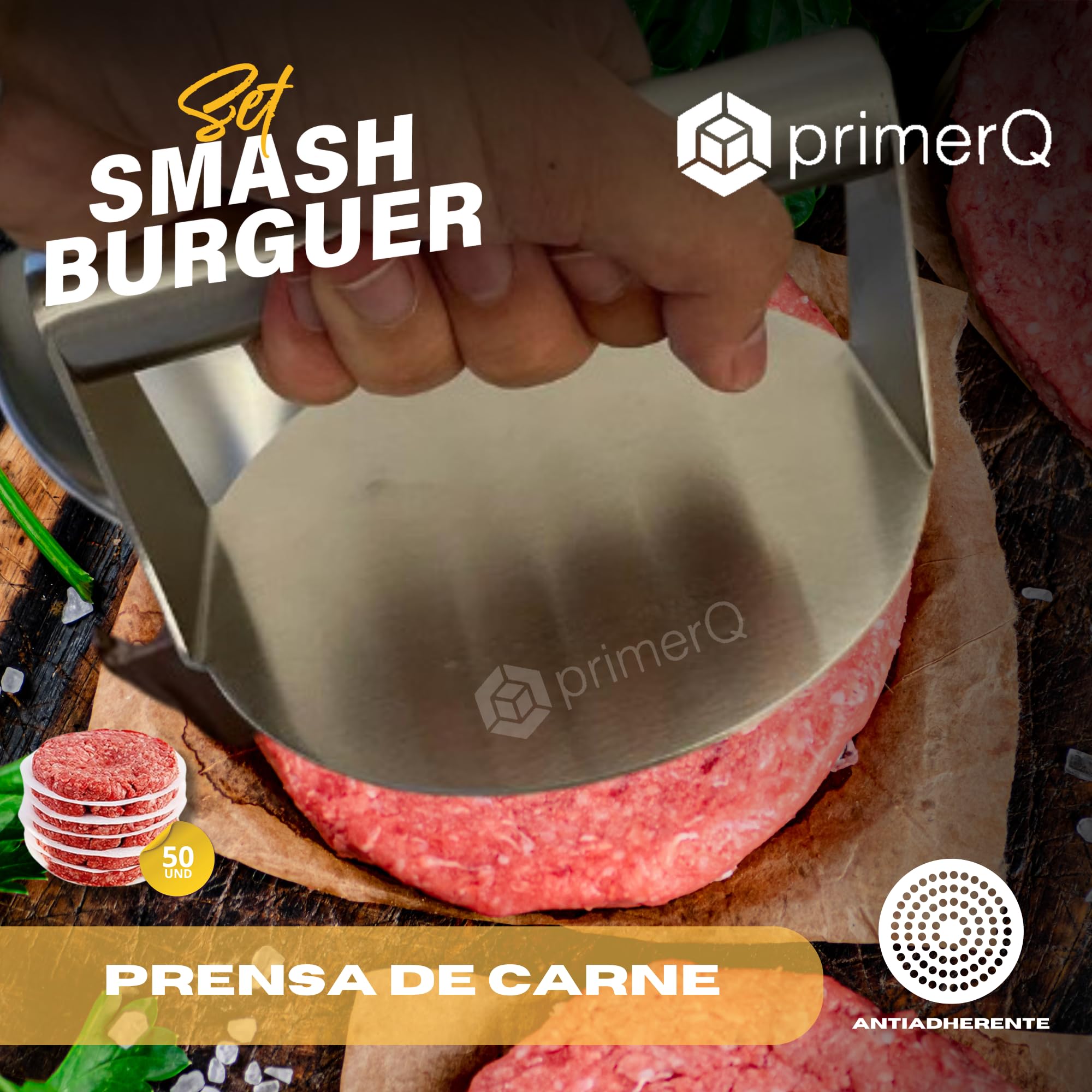 Smash Burger Set XL Profesional - Kit 5 Piezas utensilios de Acero Inoxidable + 50 Papeles Antiadherente - Certificado EU alimenticio - Prensa Hamburguesa - Smasher Premium -mazos carne