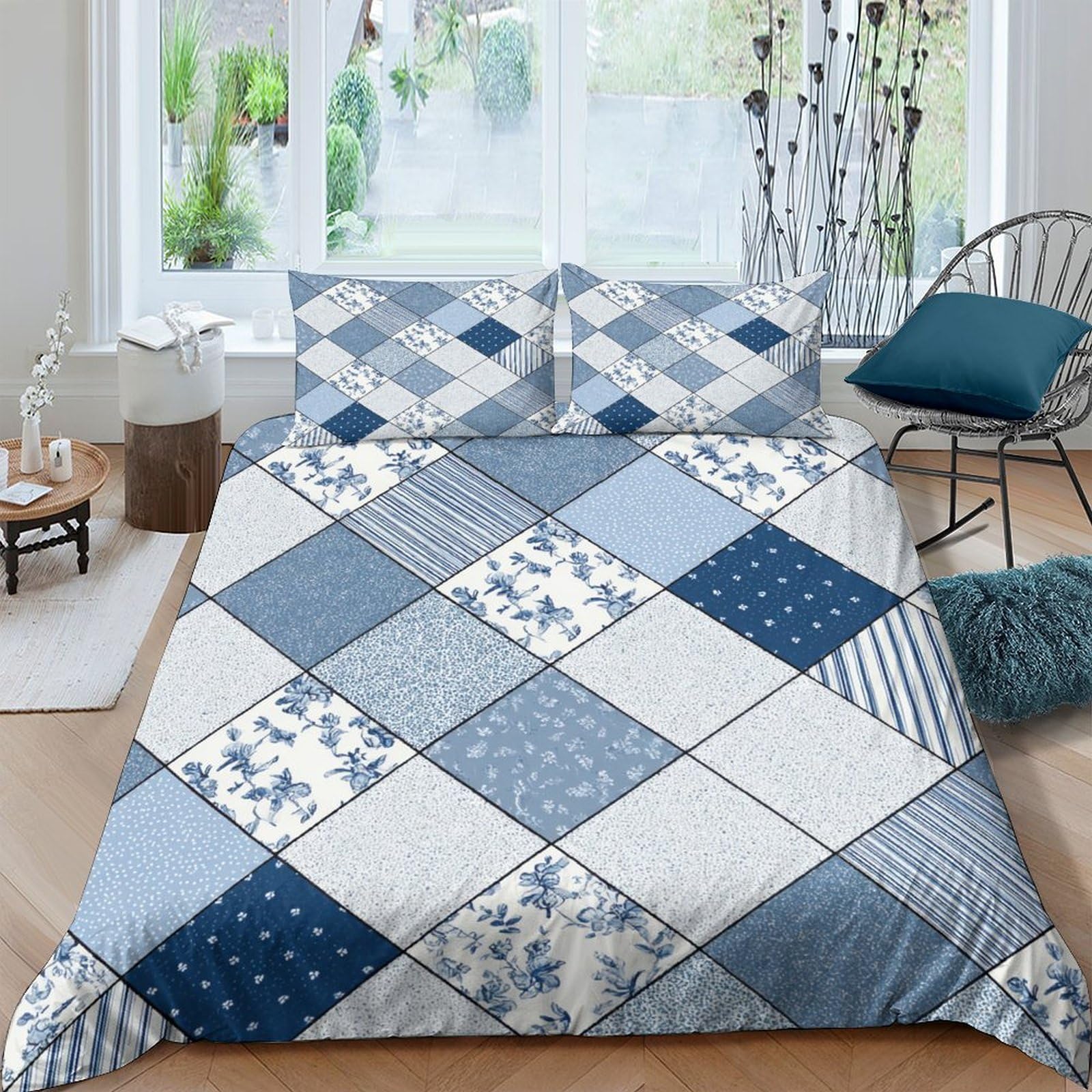 Ctjqhvkz Style-7 3D Printed Blue Patchwork Fitted Sheet Microfiber Decorative Floral Plaid Mattress Cover For Bedroom Guest Room Single（135X200cm）