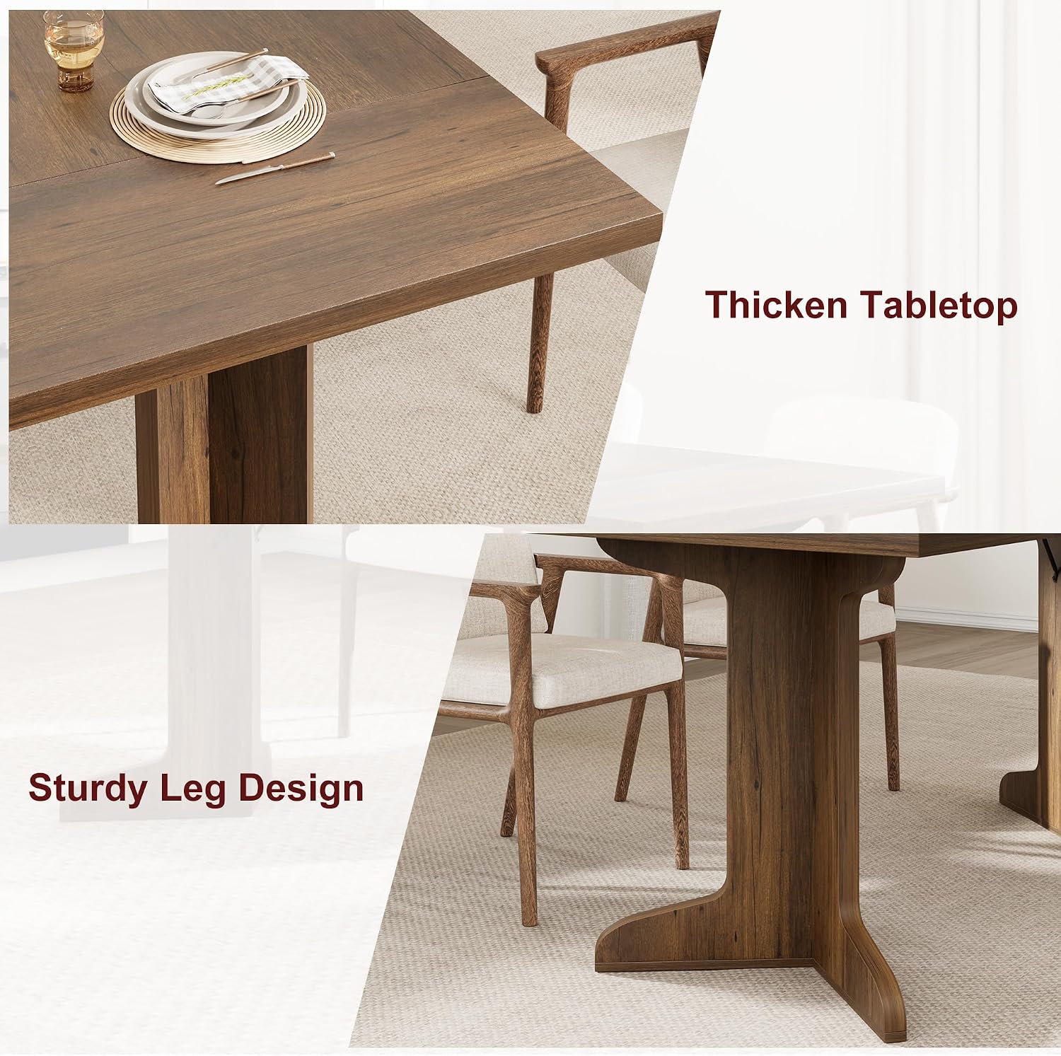 GarveeHome 71" Large Dining Table for 6, Farmhouse Kitchen Table with Padded Top and Unique V-Shaped Feet, Rectangular Wooden Dining Table for 8 People for Home, Dining Room, Kitchen, Office, Walnut