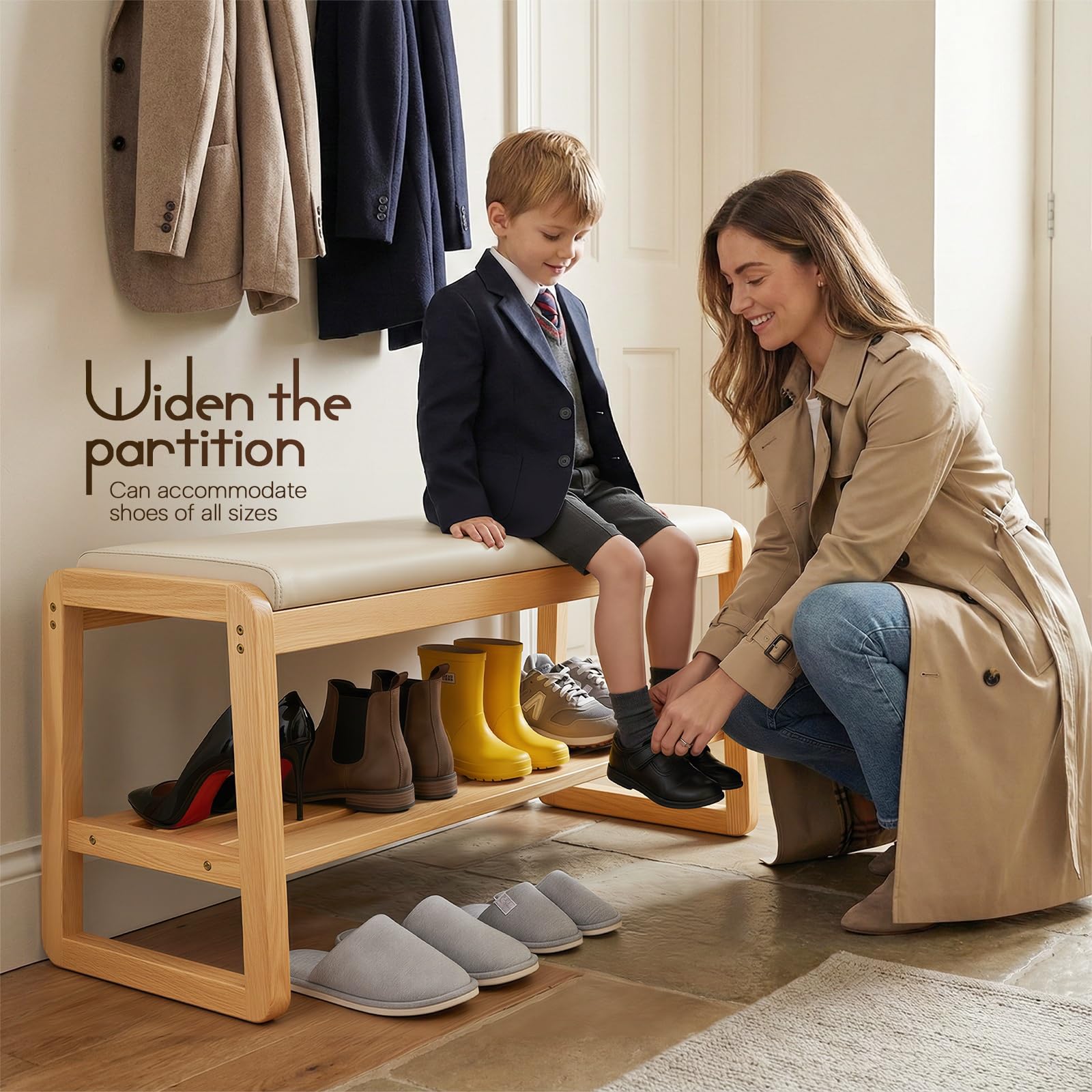 Banco Zapatero Recibidor con Almacenaje, Mueble Zapatero de Madera Maciza con Asiento de Cuero PU, Banco Entrada Efecto Roble Moderno, Estantería Zapatos 2 Niveles para Pasillo(100cm)