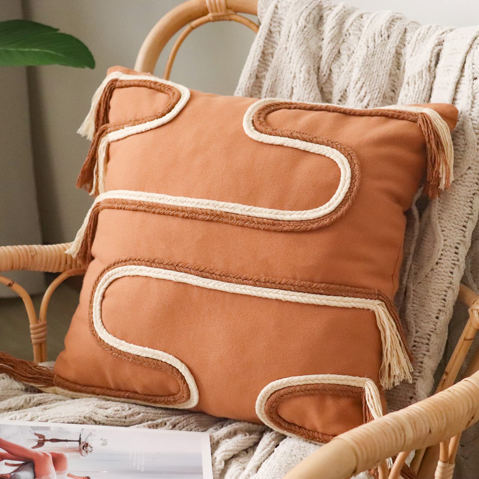 Jonhier Boho Throw Pillow Covers, Handmade Modern Farmhouse Decorative Fringe Orange Cushion Case, Bohemain Neutral Accent Cotton Woven Pillow Case for Couch, Sofa or Bed (18'' x 18'', Brown)