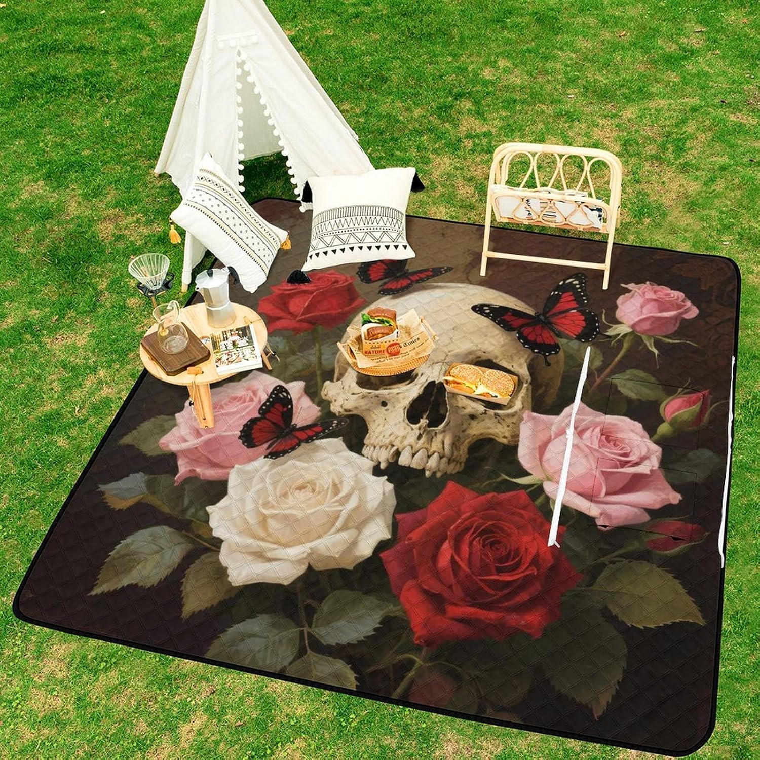 Rose Skull Picnic Blanket 200x200cm, Foldable 2-in-1 Picnic Mat and Tote Bag Portable Waterproof Beach Mat Sandproof Outdoor Blanket for Park, Hiking, Beach, Camping, Travel