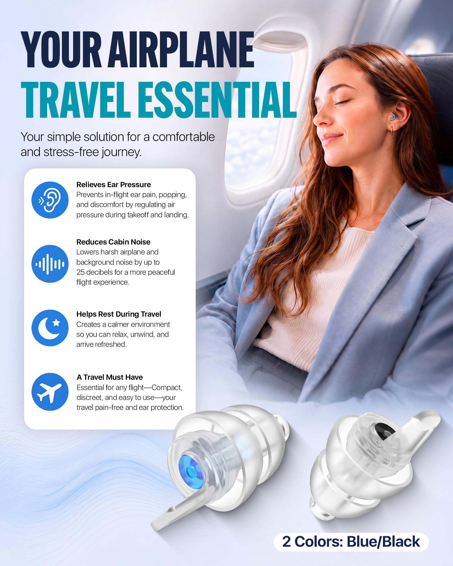 Bouchons d'oreilles en avion avec cordon pour soulager la douleur aux oreilles et la réduction du bruit, écouteurs d'égalisation de pression essentiels pour les voyages en avion, 100 bouchons