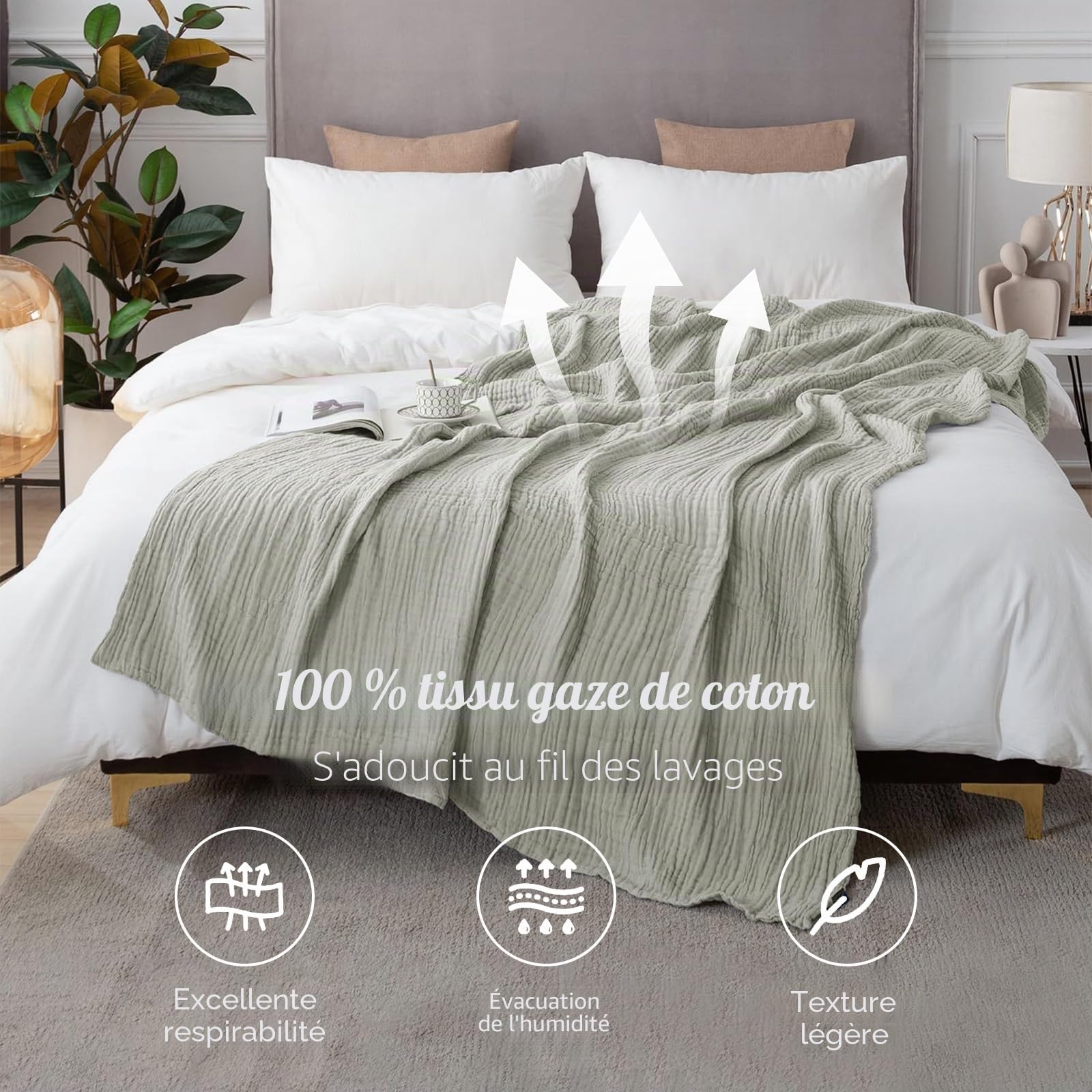 Couverture Gaze de Coton, 150 x 200 cm Plaid Coton Canapé, Couvertures 100 % Coton, Usage 4 Saisons, couvertures en Mousseline pour Adulte, Couverture Été pour Lit, Canapé, Jeté de Lit (Gris Clair)