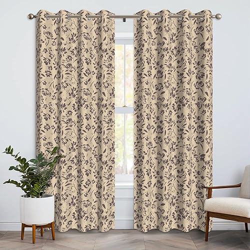 Miniatura 1 de Cortinas opacas bohemias para dormitorio, cortinas florales marrones de 84 pulgadas de largo, 2 paneles de cortinas opacas térmicas con ojales para