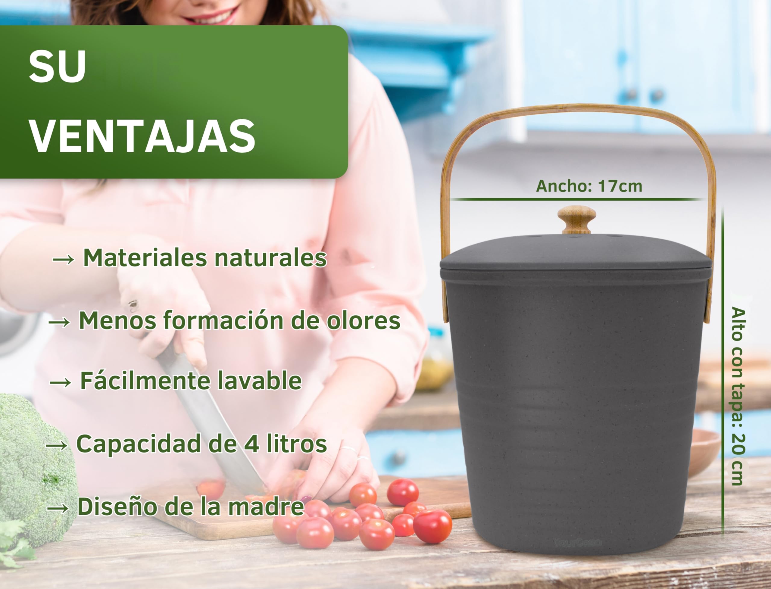 YourCasa Cubo Basura pequeño 4L - Cubo Basura organica con Filtro de carbón Activado - Cubo organico Cocina con Tapa compostador Cocina Cubo Basura organica pequeño Basura organica Cocina (Antracita)