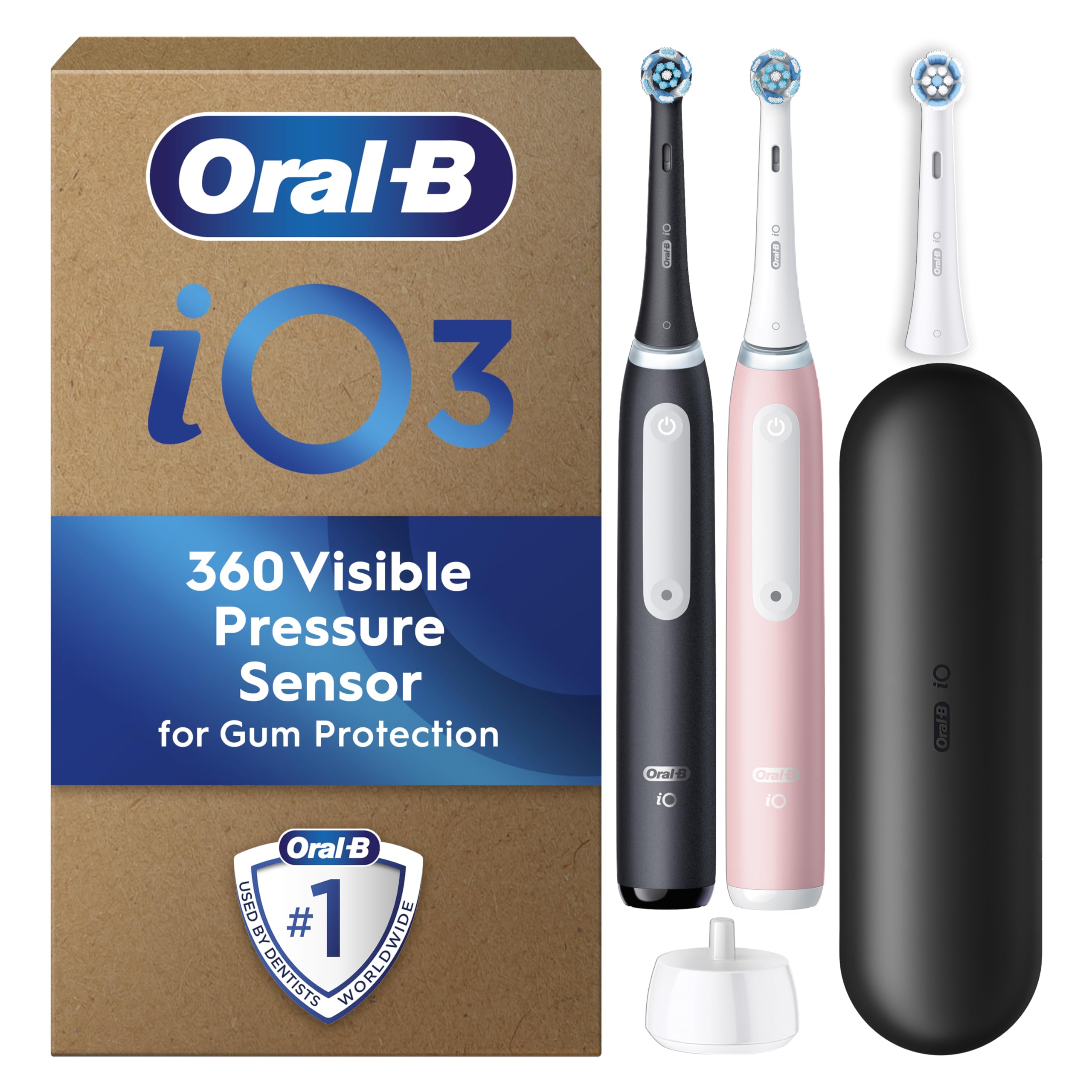 Oral-B iO 3 Dual Pack, Pink & Black Electric Toothbrushes, 3 Toothbrush Heads, 1 Travel Case, Designed by Braun