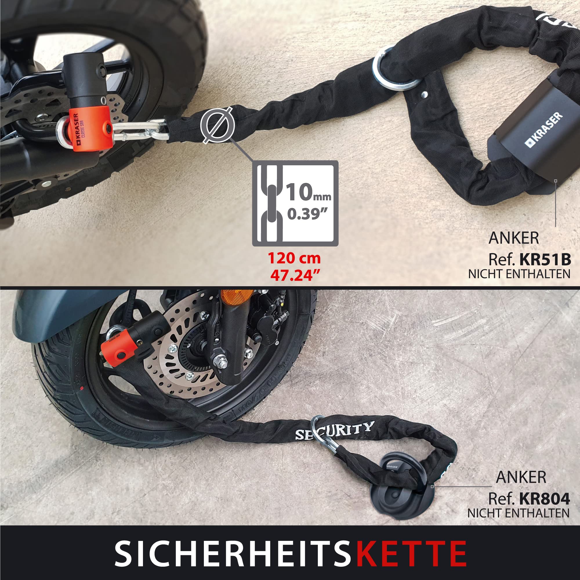KRASER KR50+120L Motorradkette Diebstahlsicherung + Vorhängeschloss SRA Homologierte Anti-Diebstahl-Set Mini U Solid Ø18 Bausätze Kettenschlaufensystem 120 cm Ø10 Elektrisches Fahrrad
