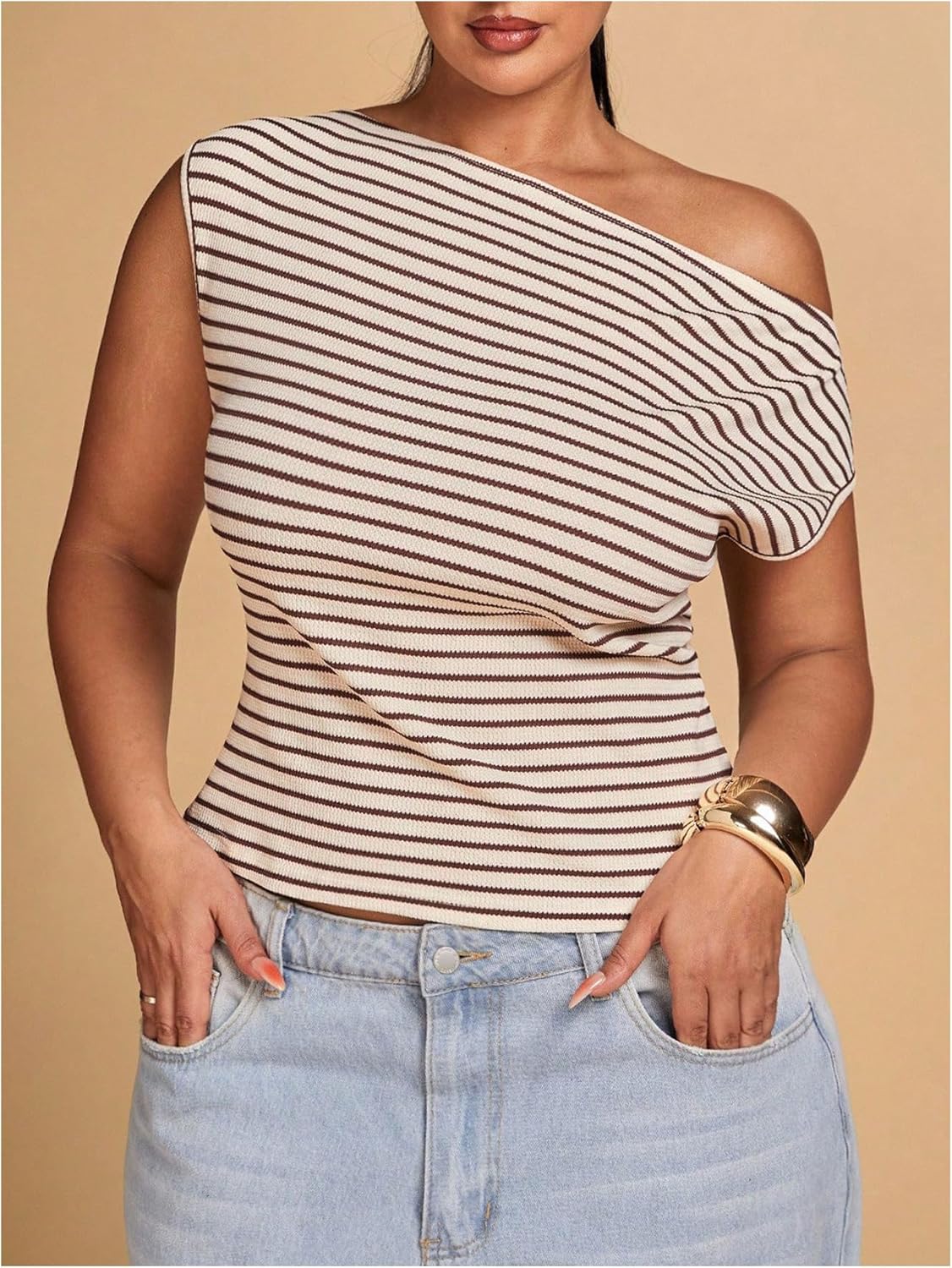 WDIRARA Women's Plus Size Striped Off The Shoulder T Shirts Asymmetrical Knit Tops - Image 5