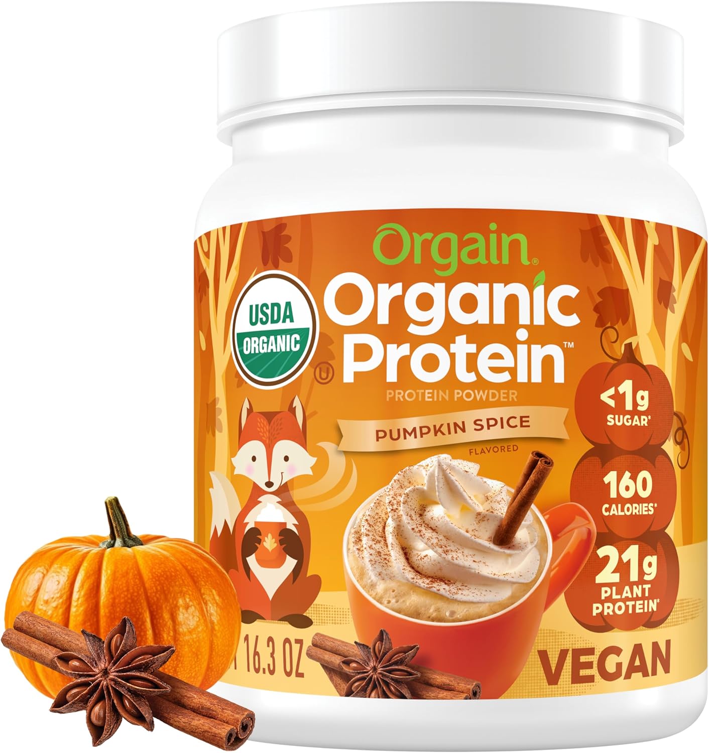 Orgain Organic Vegan Protein Powder, Pumpkin Spice - 21g of Plant Based Protein, Non Dairy, Gluten Free, 1g of Sugar, Soy Free, Kosher, Non-GMO, 1.02 Lb (Packaging May Vary) - Pumpkin Spice flavor protein powder by Orgain