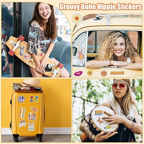 Miniatura 6 de Groovy - 326 calcomanías autoadhesivas de vinilo bohemio hippie, diseño de margaritas arco iris, paz, retro, para laptop, botellas de agua,