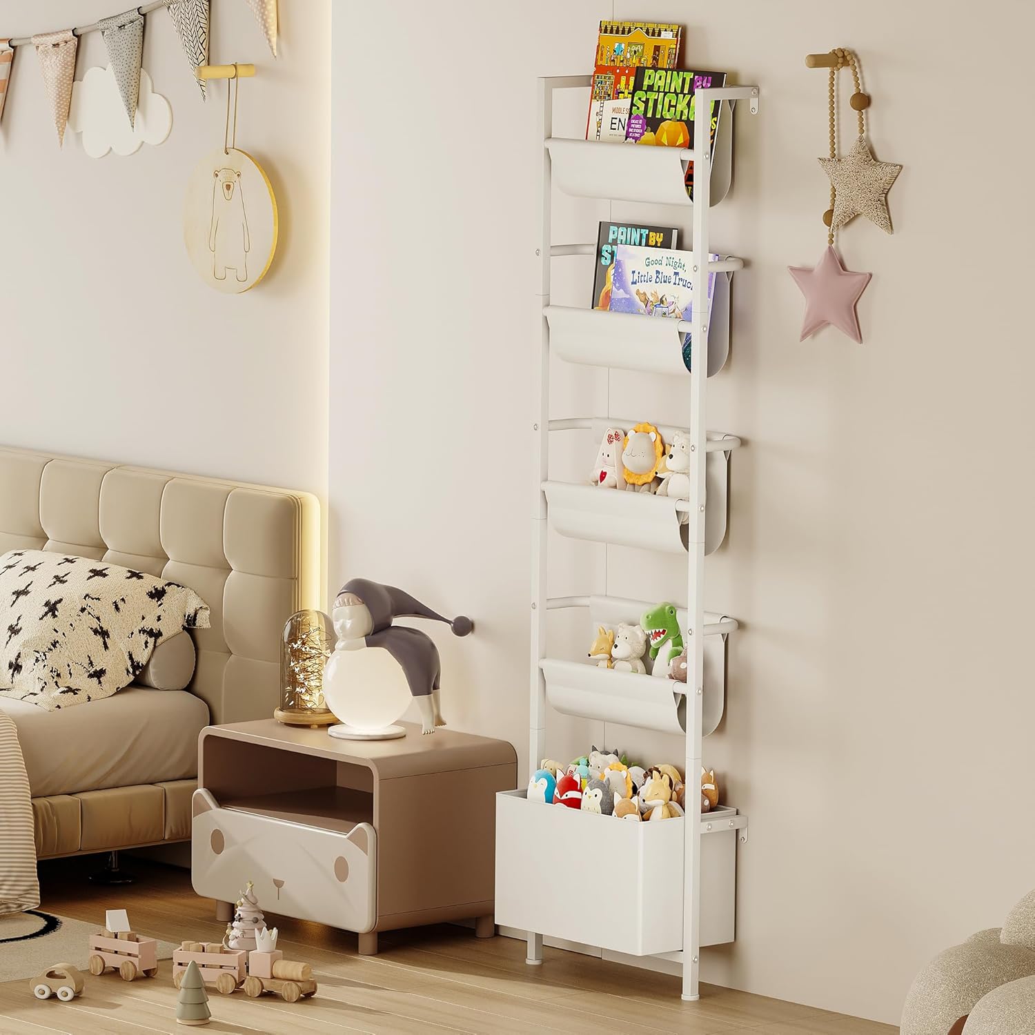 Homeiju Wall Mounted Kids Bookshelf with Storage Bin, 5-Tier Ladder Shelf, Suitable for Books, Toys, Magazines, Documents, Albums, White