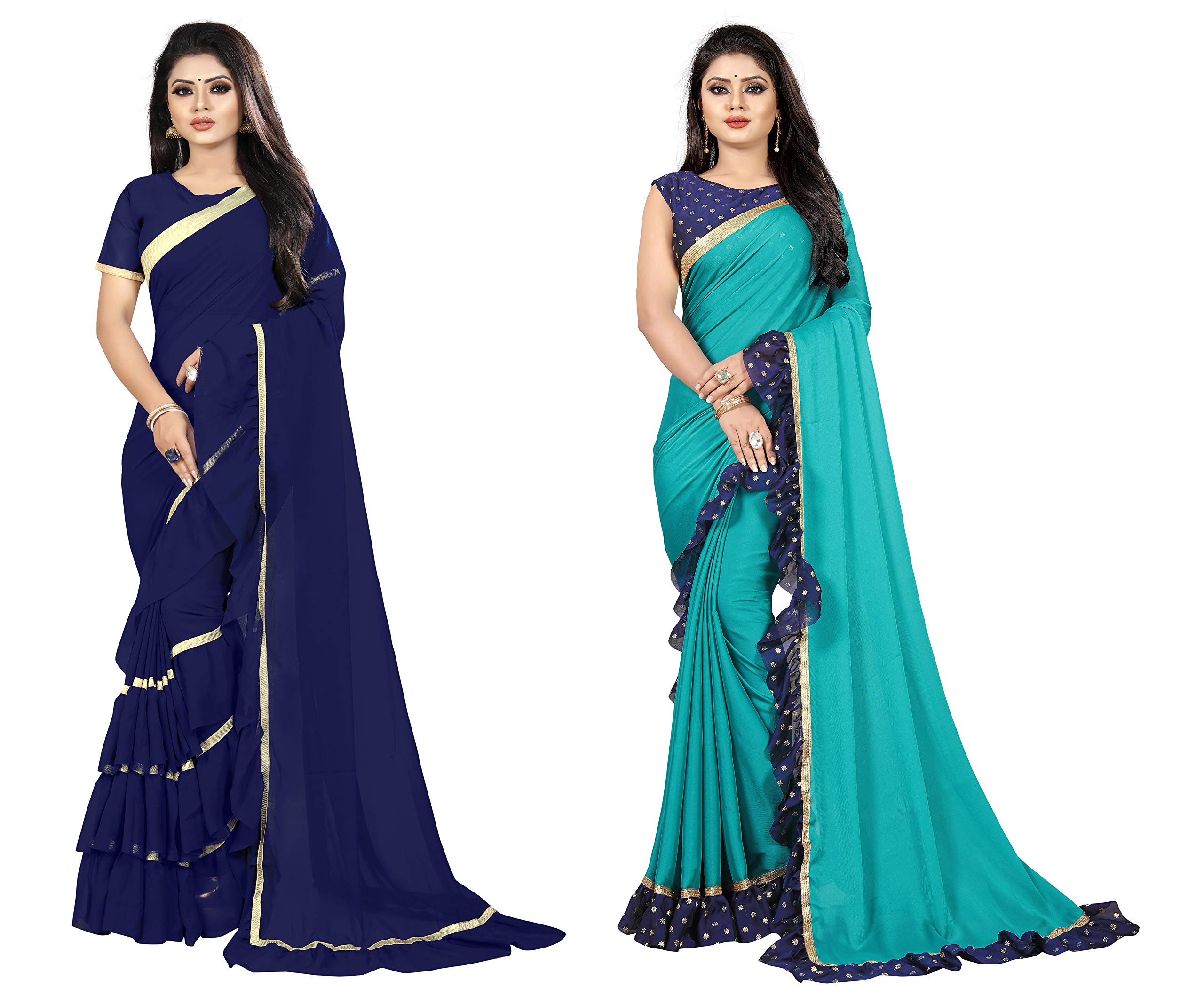 Bigben Textile Women's Georgette Golden Lace Self Design Solid Combo Ruffle Saree With Blouse(Pack Of 2)