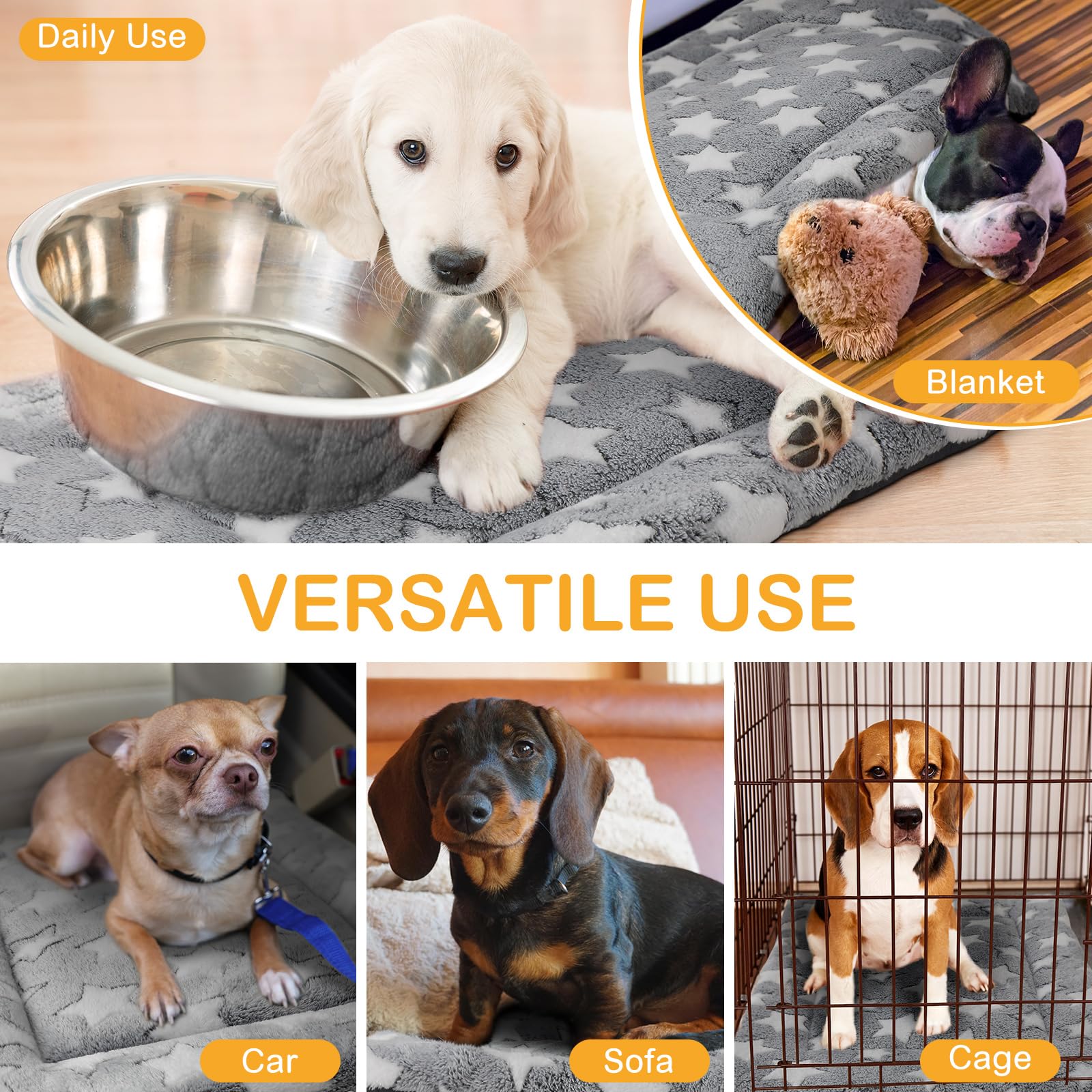 VitalCozy Lot de 4 Tapis réversibles pour Cage pour Chien - Lavable en Machine - Motif étoile - pour Cage - pour Chiens de Petite, Moyenne et Grande Taille (45,7 x 35,6 x 4,6 cm, Noir)