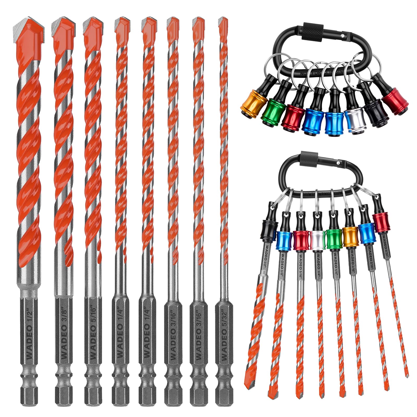 WADEO Professional 17 piezas Set de brocas hexagonales multiuso, juego de brocas + portabrocas con llavero, Ø: 4-13 mm, vástago hexagonal de ¼", duro para hormigón/metal/madera