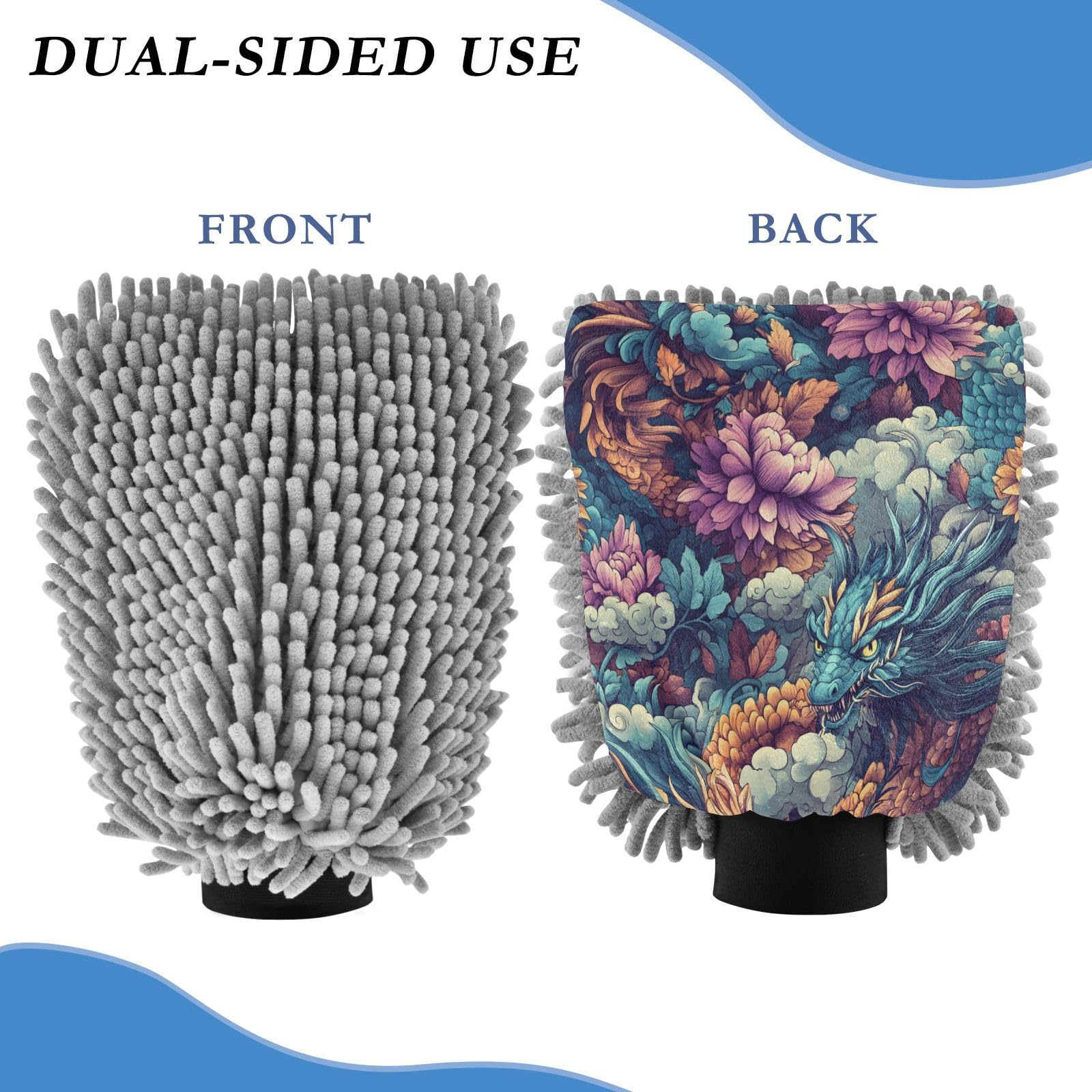 STAYTOP Dragon Car Wash Mitt Microfiber, 2Pcs Scratch Free Lint-Free, Premium Chenille Microfiber Mitt Car Wash Brush-L