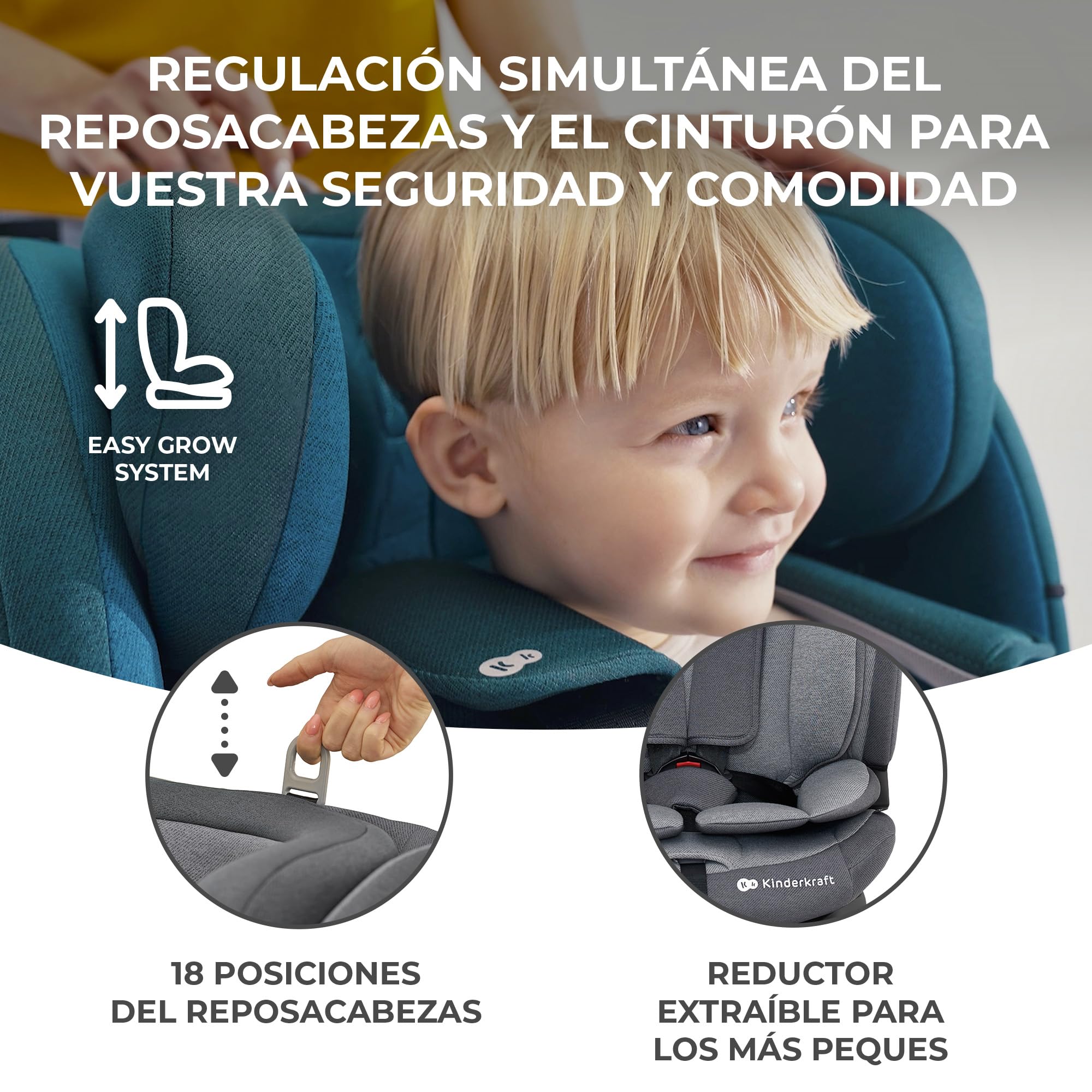 Kinderkraft ONETO3 I-Size Silla de Coche Isofix, Niños Grupo 1/2/3, 9-36 Kg, Normativa R129, Protectores Laterales, Top Tether, Ajustar con una Mano, Easy Grow System, Negro