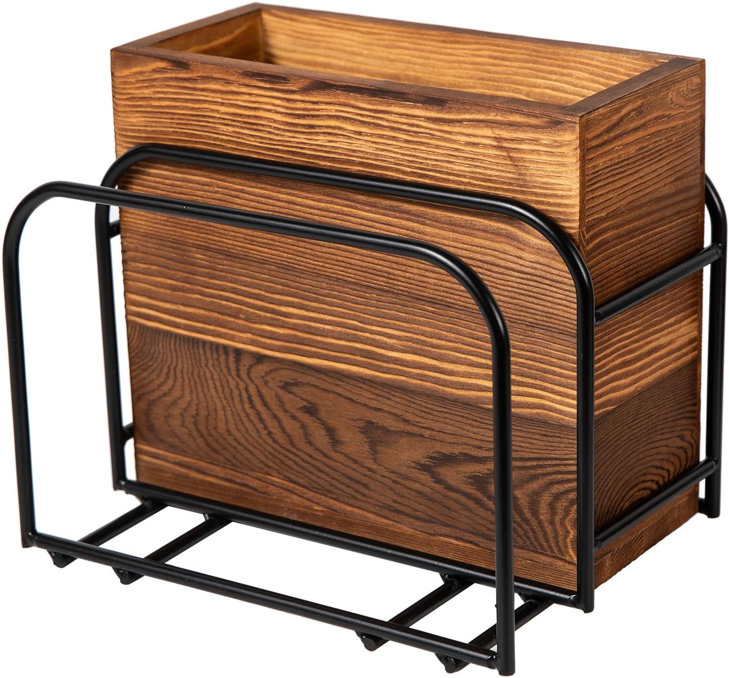 Premium Solid Acacia Wood Utensil Crock and Cutting Board Holder with Black Metal Wire Frame – Stylish Kitchen Countertop Organizer