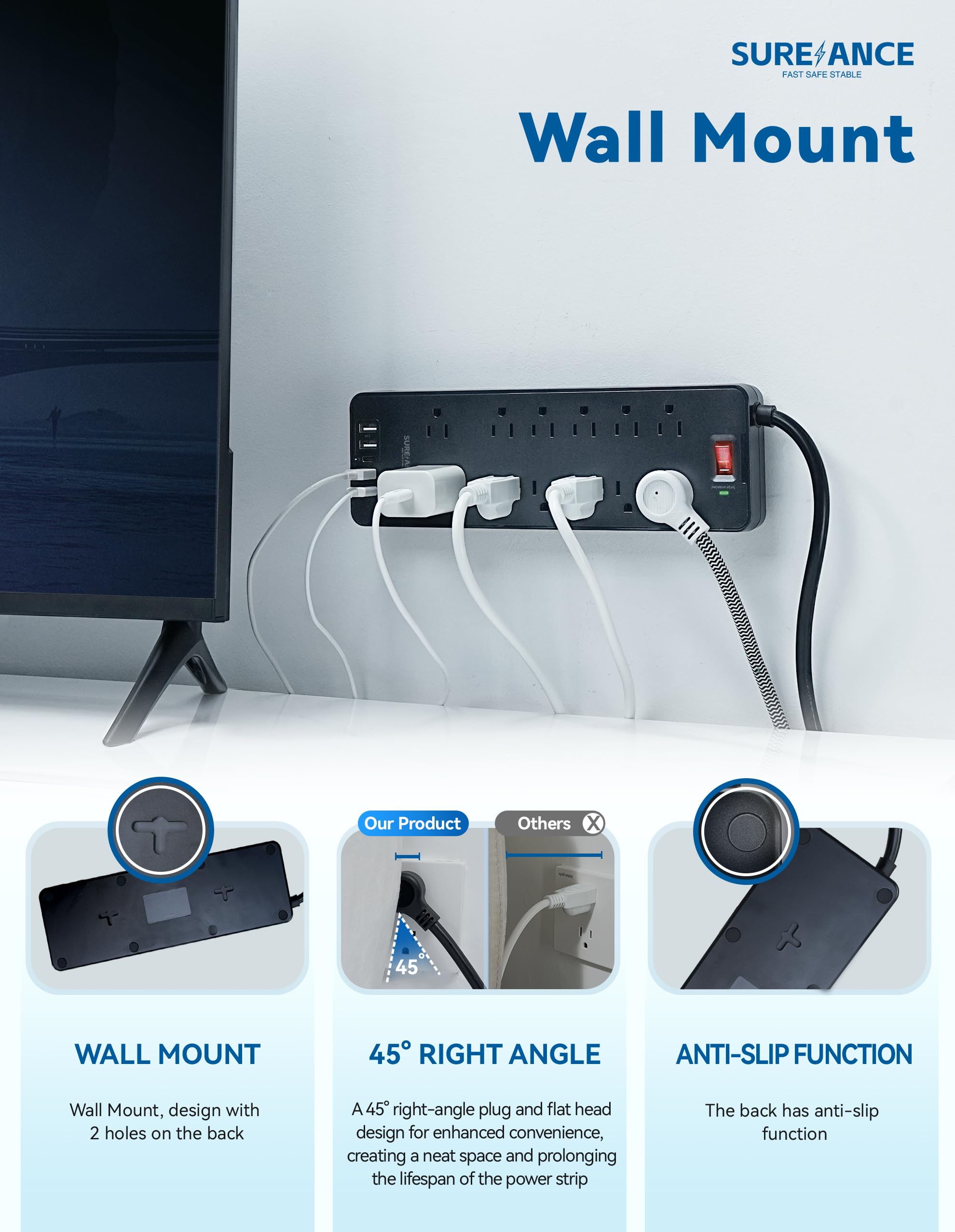 Protector de sobretensiones de regleta de alimentación, 1875W/15A, 2100J, cable de extensión montado en enchufe plano de 6 pies con 10 salidas + 4 puertos USB-A + 1 USB-C, múltiples
