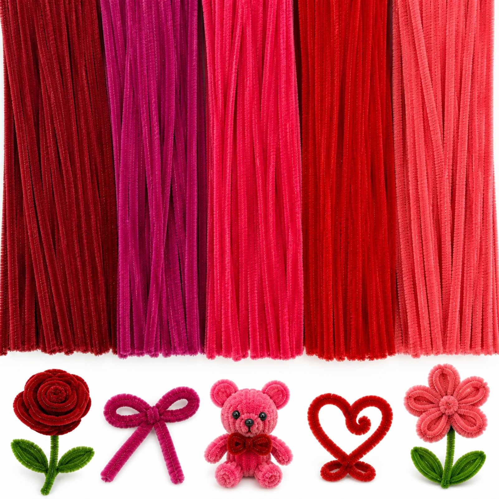 500 Pcs Red Pipe Cleaners for Crafts Bulk, 6mm Thick 12 Inch Chenille Stems, Pastel Pipe Cleaners for Pipe Cleaner Flowers Making, DIY Art Supplies (Gradient Red, 5 Shades)