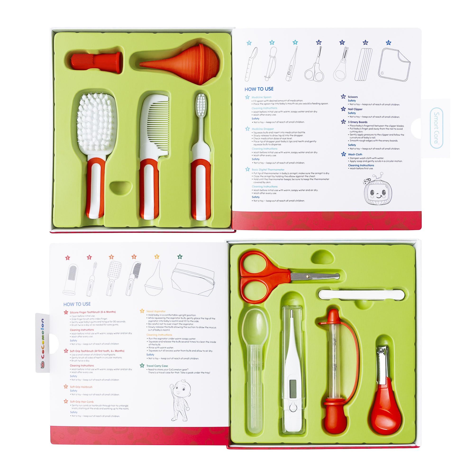 Smart Care Cocomelon - Kit de cuidado de la salud y aseo para bebés, artículos esenciales para recién nacidos, incluye termómetro, cuentagotas de medicamentos, herramientas de aseo y más