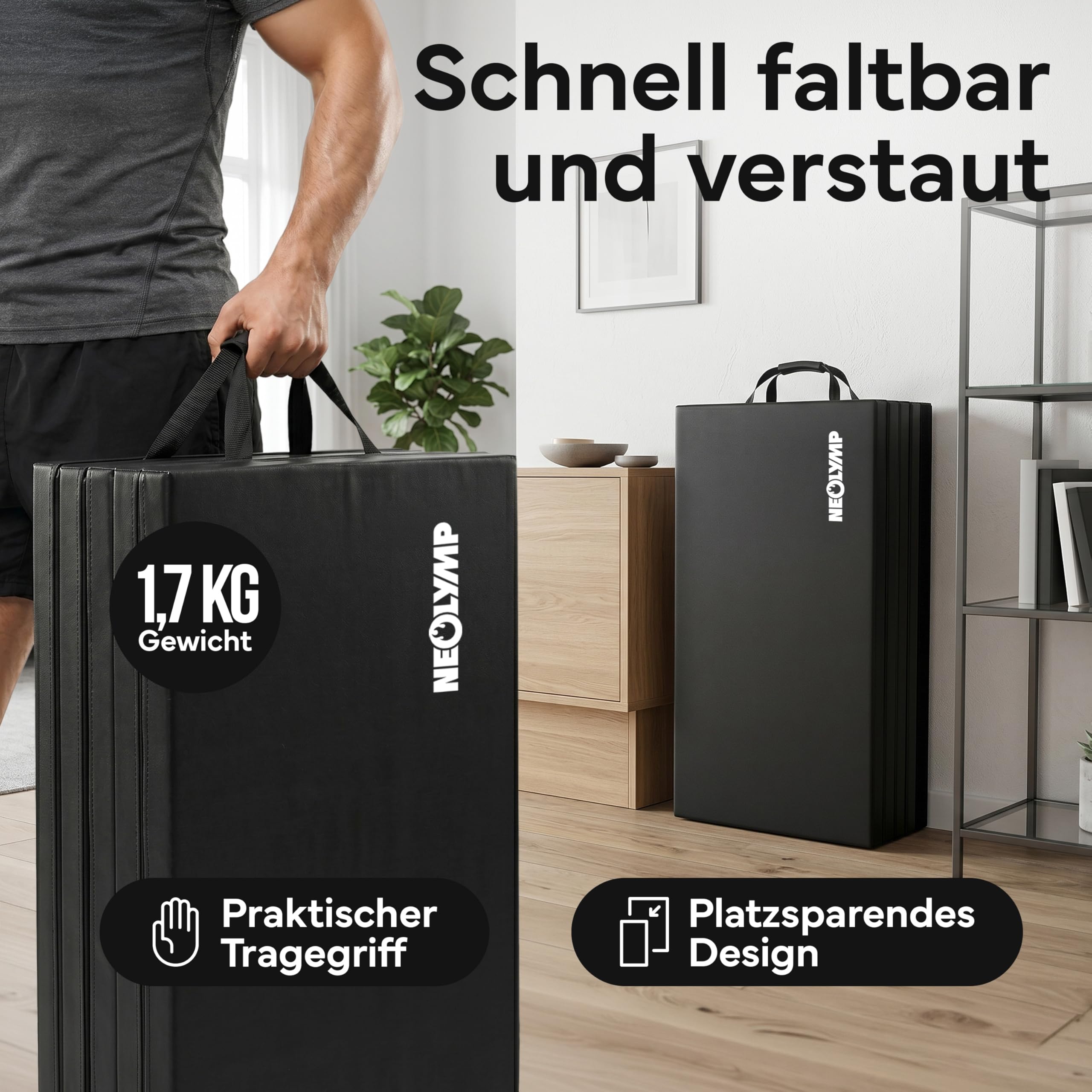 NEOLYMP Turnmatte klappbar - Faltbare Gymnastikmatte für Zuhause - Dicke Fitnessmatte für Kampfsport, Yoga & Pilates - Weiche Bodenmatte mit Tragegriff & Klett-Verbindung - Platzsparende Sportmatte