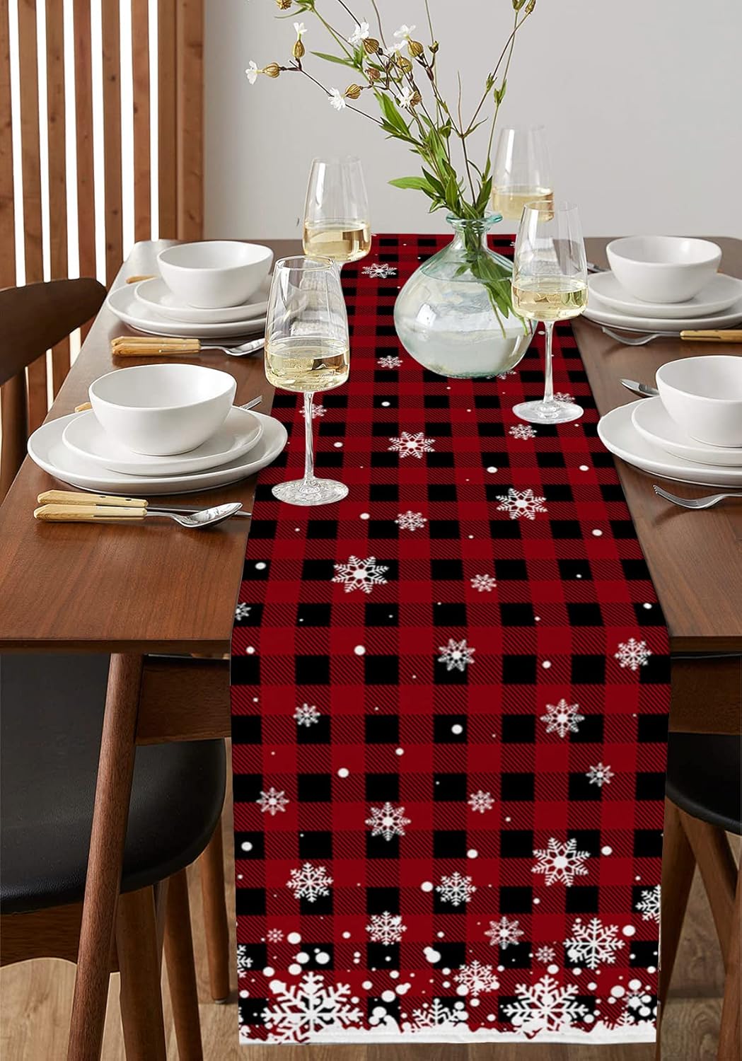 Christmas Snowflake Table Runner-Cotton Linen-Long 13x120 Inches Dresser Scarves,Table Runner for Wedding Dining End Table Decor Red and Black Buffalo Plaids