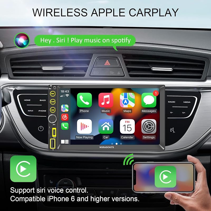 WSRADIOKITS Vezeték nélküli CarPlay Android autórádió 7" érintőképernyő, kamera, GPS, gyorstöltés
