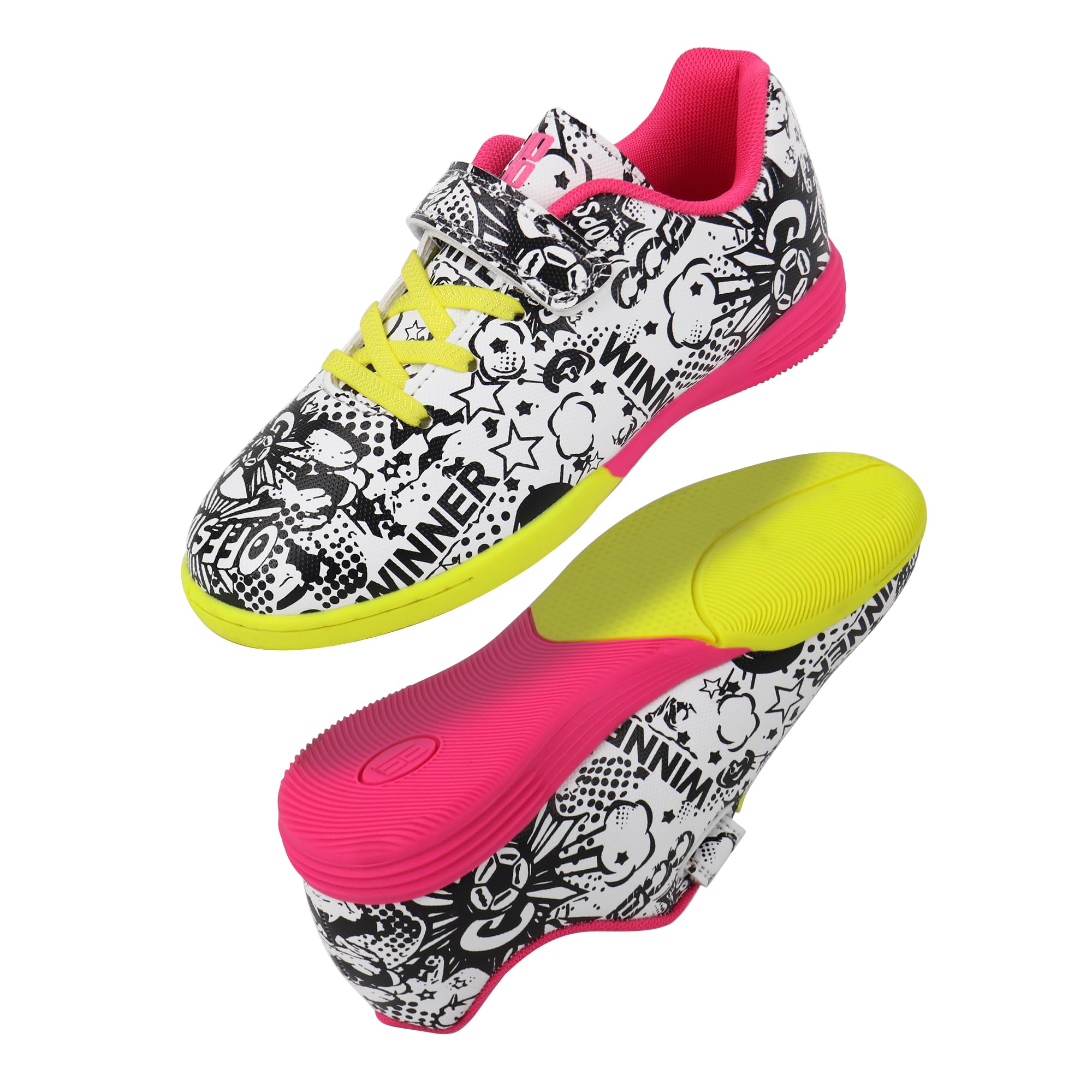 brooman Kids Indoor Soccer Shoes Boys Girls Futsal Soccer Shoes (1,Yellow/Pink)