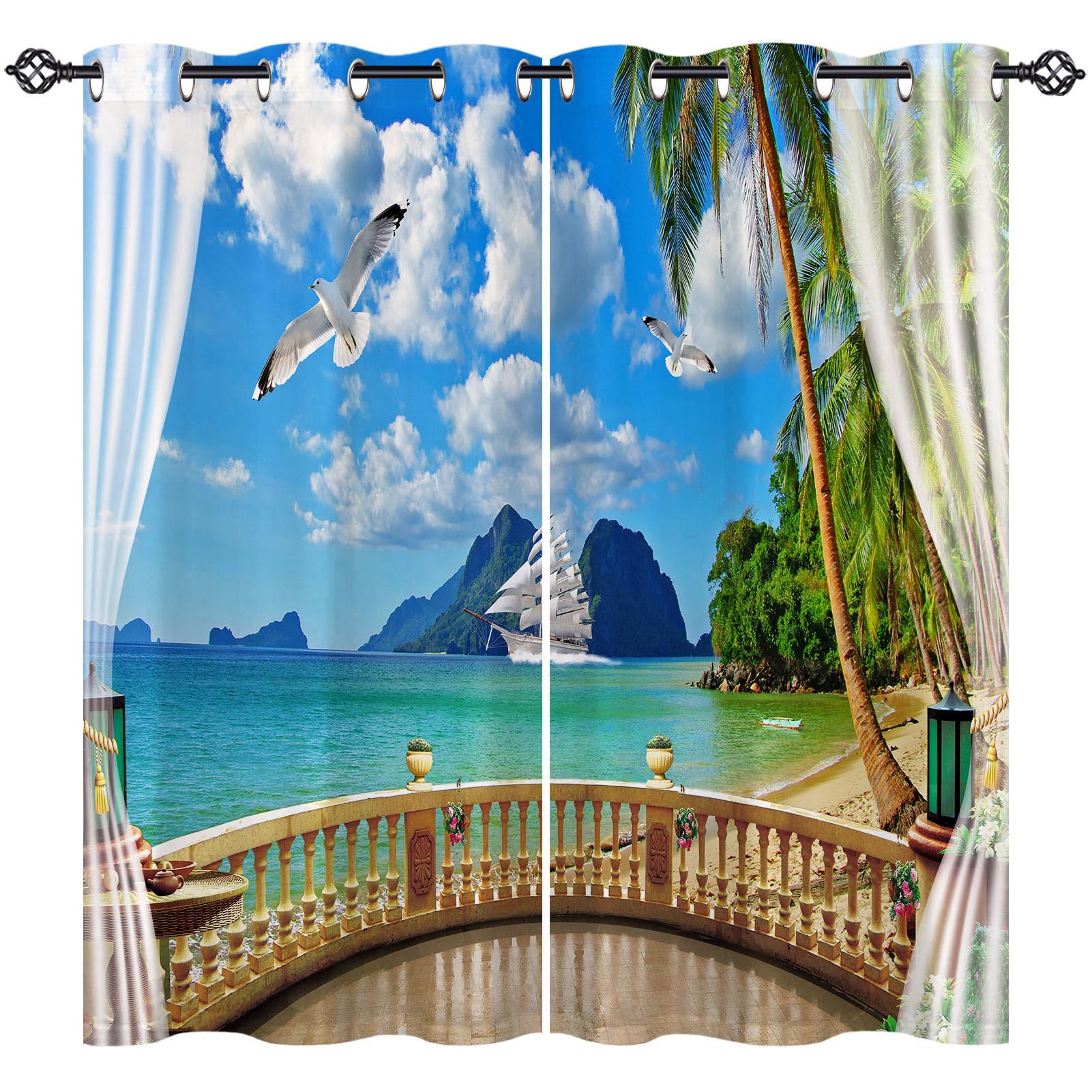 ANHOPE Custom Blackout Curtains Customized Size Eyelet or Rod Pocket Curtains Balcony Ocean Beach Island Sailboat Print Pattern Personalized Thermal Insulated Drapes for Bedroom Living Room 2 Panels