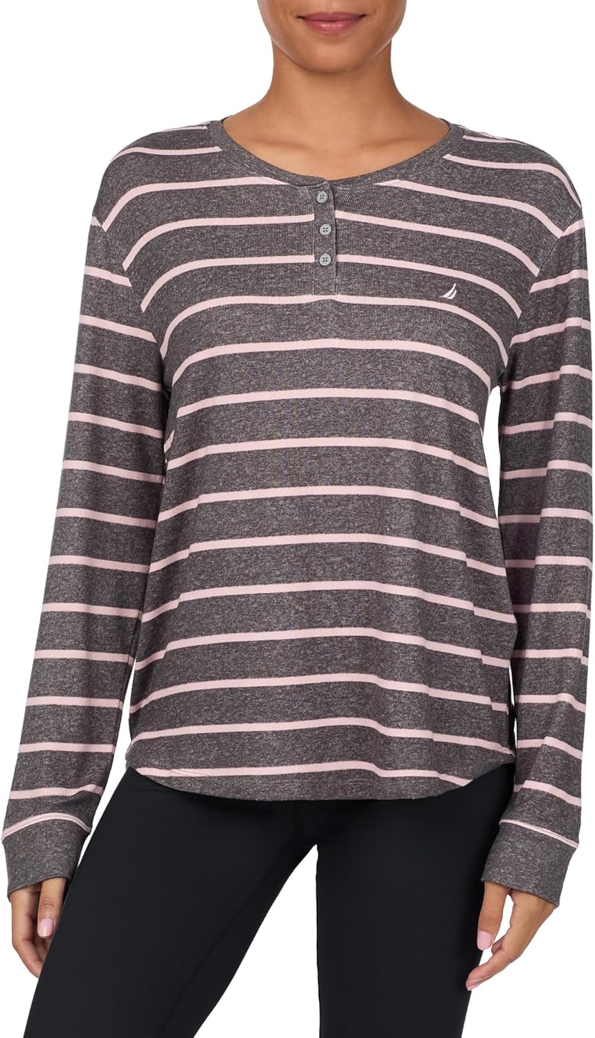 Nautica Womens Henley Pajama Top - Ultra-Soft & Lightweight Long Sleeve Lounge Shirt - Sweater Knit Sleepwear & Loungewear