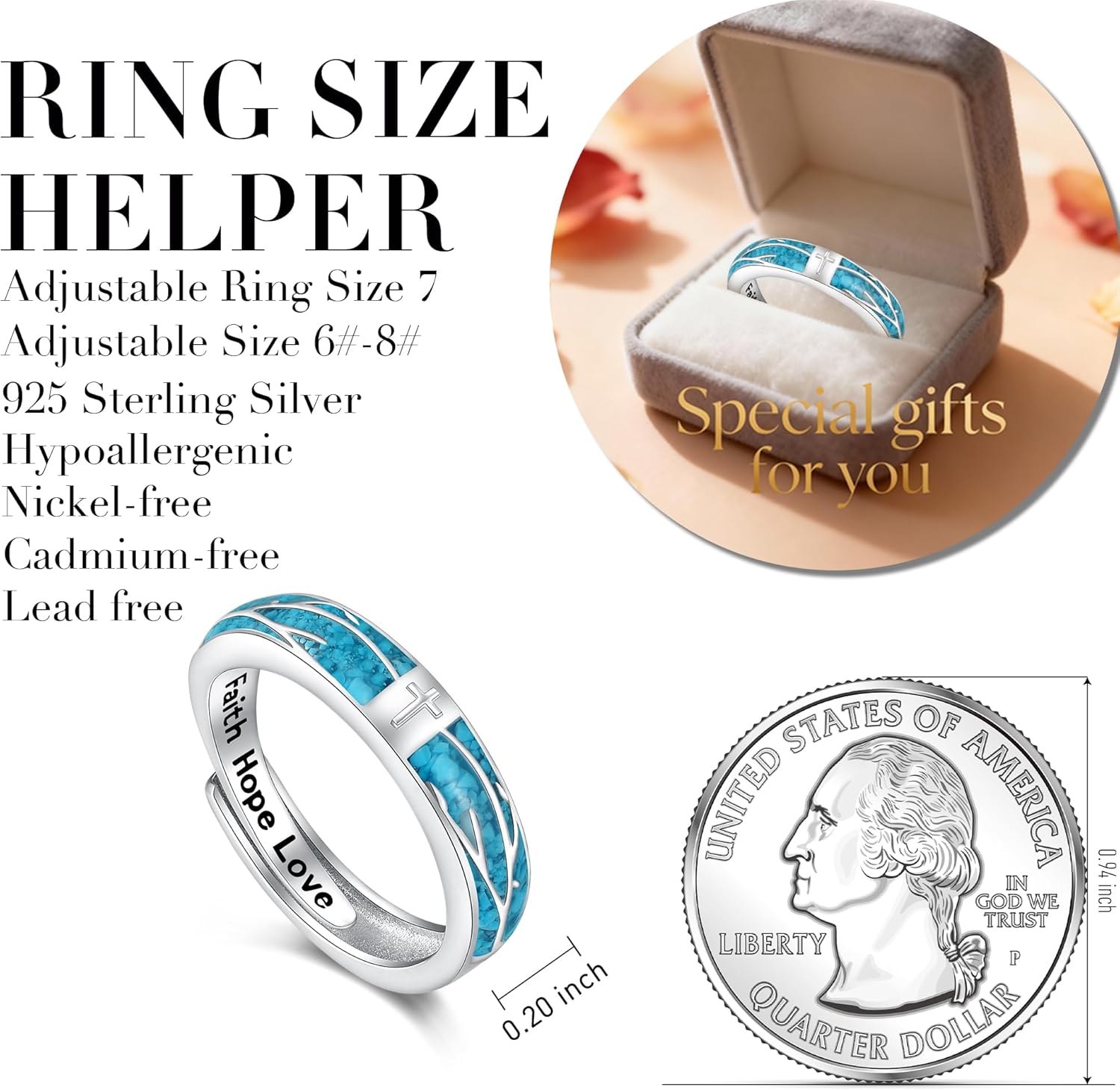 Cross Faith Rings for Women Turquoise Ring 925 Sterling Silver Adjustable Western Faith Hope Love Jewelry Dainty Gifts for Her Size 7