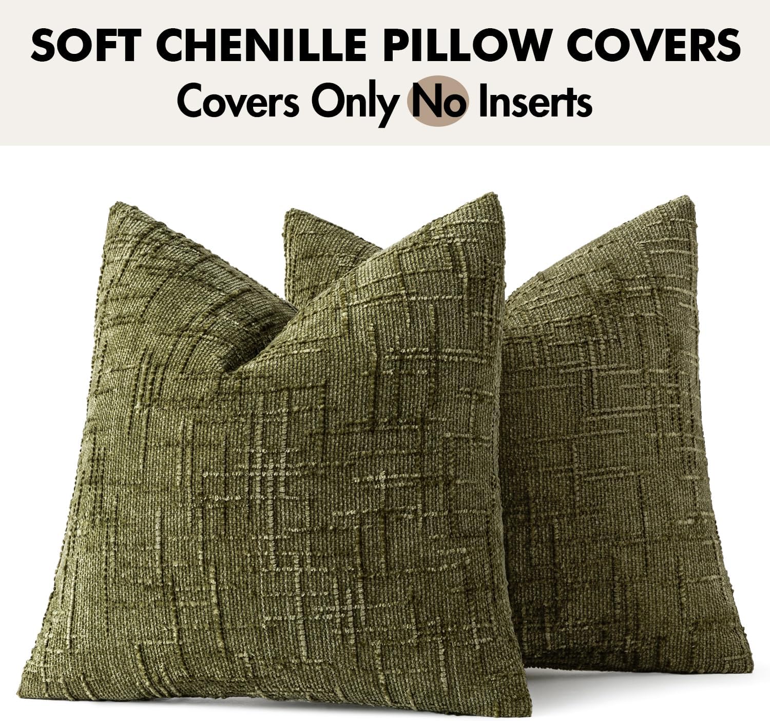 MIULEE Textured Throw Pillow Covers Thick Chenille Decorative Pillows Olive Green 20x20 Inch Set of 2 Modern Boho Farmhouse Home Decor Neutral Cushion Covers for Couch Sofa Living Room Bedroom