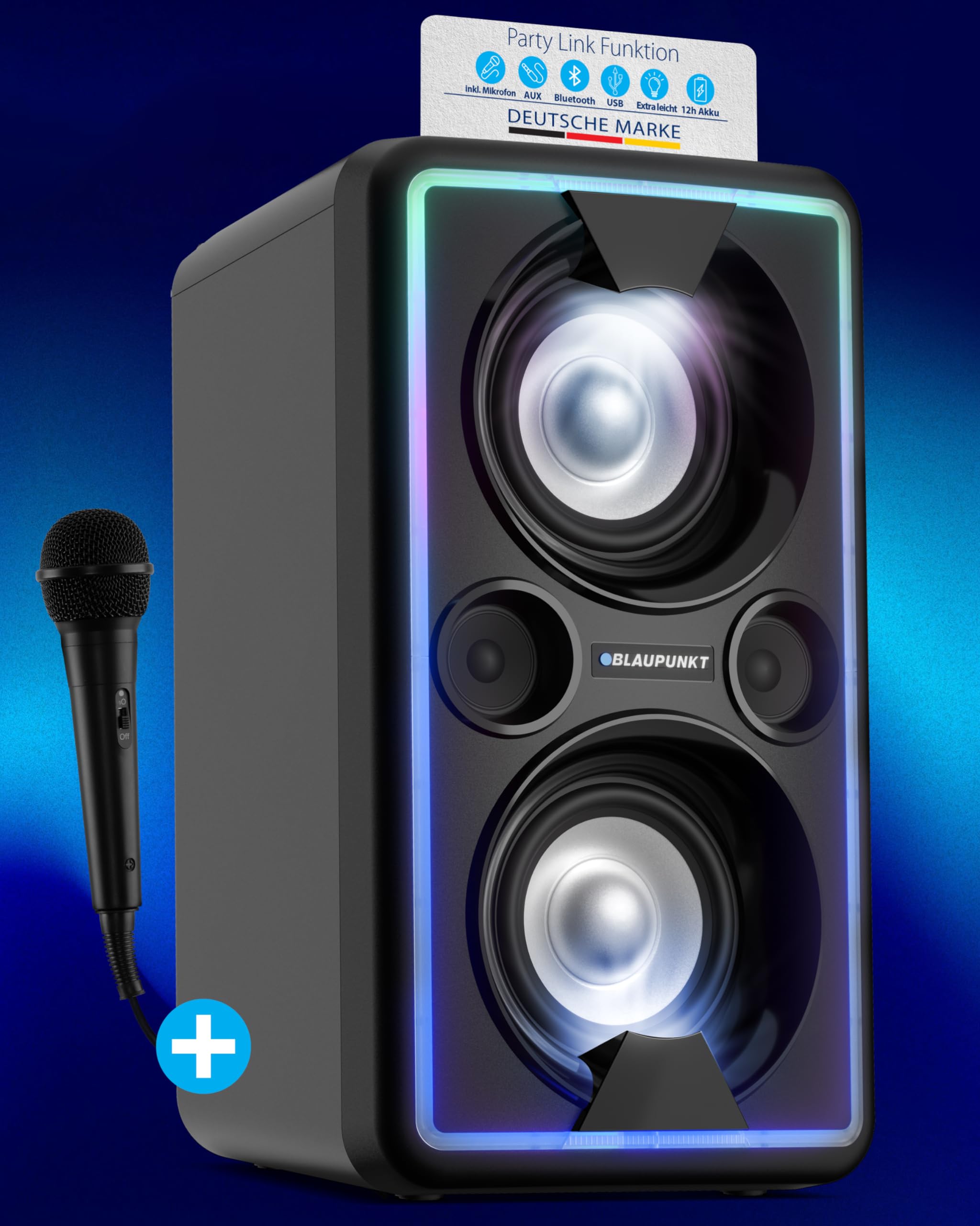 BLAUPUNKT PS 2000 Mobile PA Sound Anlage Bluetooth Soundsystem mit Akku, Lichteffekten, Equalizer, Radio, Mikrofon, 2 x 25 Watt RMS